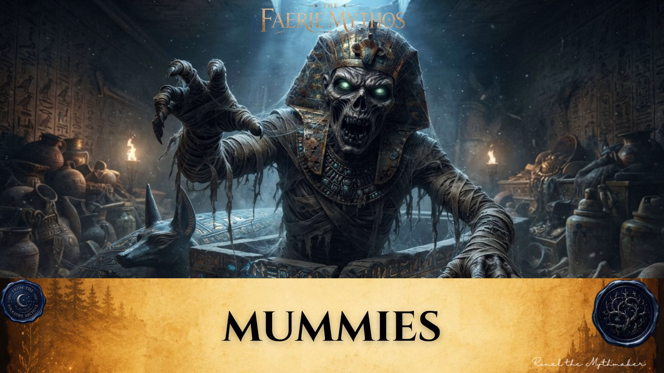 A dark fantasy illustration titled "The Faerie Mythos: Mummies." The upper portion displays a parchment-colored banner with the bold, centered text "MUMMIES," flanked by two circular, embossed-style seals. Below this, a terrifying, reanimated mummy wearing a pharaonic headdress and glowing green eyes rises from an open, ancient sarcophagus in a cobweb-filled tomb surrounded by treasure and an Anubis statue, set against a dark, moody environment.