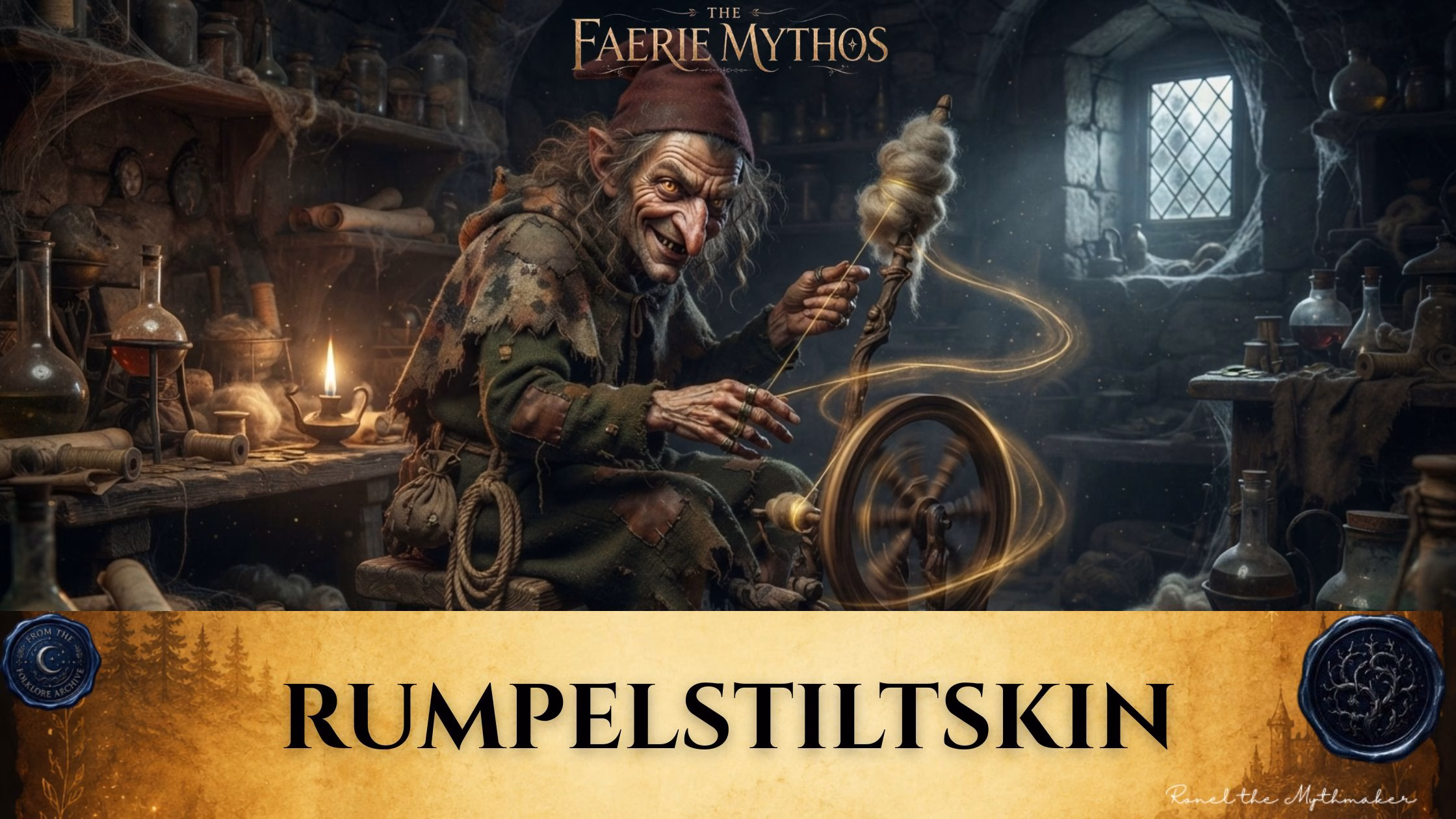 A dark fantasy illustration titled "The Faerie Mythos: Rumpelstiltskin." The upper portion displays a parchment-colored banner with the bold, centered text "RUMPELSTILTSKIN," flanked by two circular, embossed-style seals. Below this, a mischievous-looking, gnome-like figure with wrinkled skin, pointy ears, and a red cap sits in a cluttered, candlelit workshop, spinning magical, glowing golden thread on a spinning wheel.