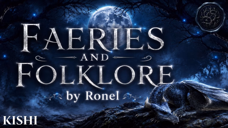 A dark fantasy banner titled "FAERIES AND FOLKLORE by Ronel," set against a misty, gnarled forest under a large, glowing full moon. In the bottom left corner, the word "Kishi" is written in a clean, white serif font. In the top right corner, there is a circular, dark metallic or wax seal stamp featuring an embossed illustration of a bramble. A scaly blue dragon rests on a rocky ridge in the foreground, surrounded by faint, glowing blue magical embers.