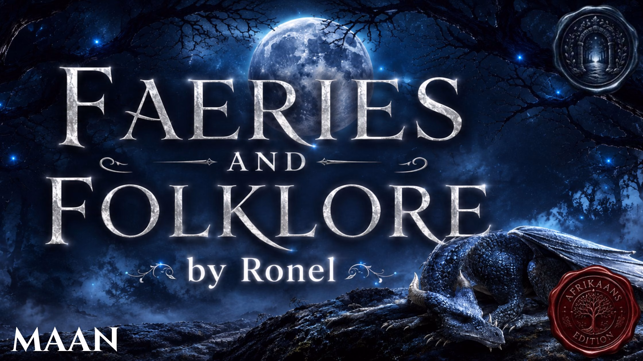 A dark fantasy banner titled "FAERIES AND FOLKLORE by Ronel," set against a misty, gnarled forest under a large, glowing full moon. In the bottom left corner, the word "Maan" is written in a clean, white serif font. In the top right corner, there is a circular, dark metallic or wax seal stamp featuring an embossed illustration of a doorway. A scaly blue dragon rests on a rocky ridge in the foreground, surrounded by faint, glowing blue magical embers. A red wax seal has “Afrikaans Edition” stamped on it with an embossed tree.