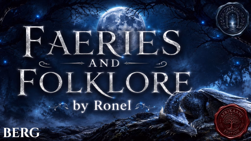 A dark fantasy banner titled "FAERIES AND FOLKLORE by Ronel," set against a misty, gnarled forest under a large, glowing full moon. In the bottom left corner, the word "Berg" is written in a clean, white serif font. In the top right corner, there is a circular, dark metallic or wax seal stamp featuring an embossed illustration of a doorway. A scaly blue dragon rests on a rocky ridge in the foreground, surrounded by faint, glowing blue magical embers. A red wax seal has “Afrikaans Edition” stamped on it with an embossed tree.
