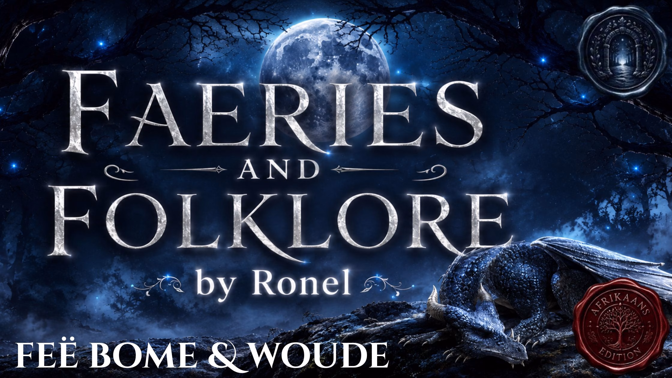 A dark fantasy banner titled "FAERIES AND FOLKLORE by Ronel," set against a misty, gnarled forest under a large, glowing full moon. In the bottom left corner, the word "Feë Bome & Woude" is written in a clean, white serif font. In the top right corner, there is a circular, dark metallic or wax seal stamp featuring an embossed illustration of a doorway. A scaly blue dragon rests on a rocky ridge in the foreground, surrounded by faint, glowing blue magical embers. A red wax seal has “Afrikaans Edition” stamped on it with an embossed tree.