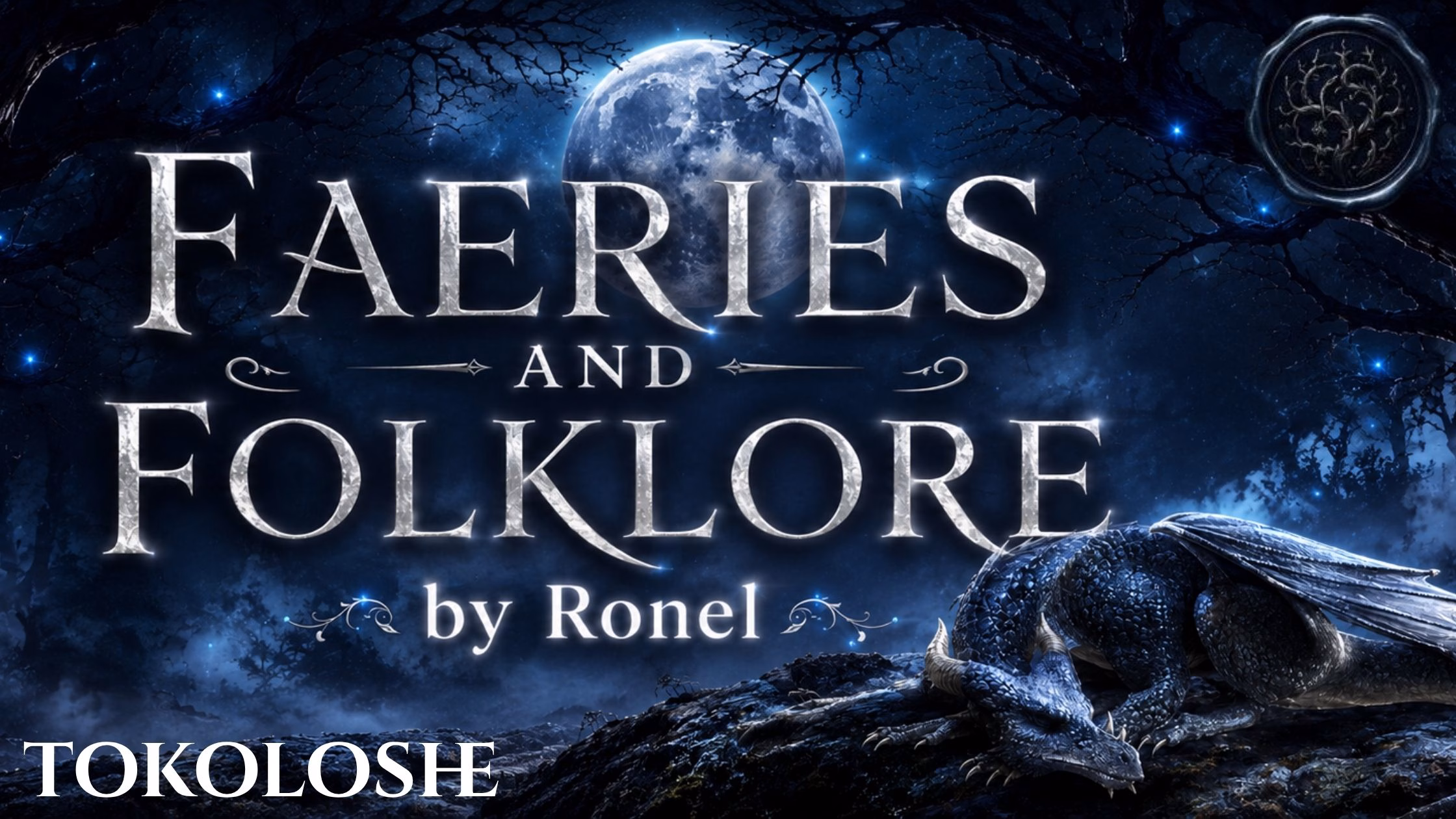 A dark fantasy banner titled "FAERIES AND FOLKLORE by Ronel," set against a misty, gnarled forest under a large, glowing full moon. In the bottom left corner, the word "Tokoloshe" is written in a clean, white serif font. In the top right corner, there is a circular, dark metallic or wax seal stamp featuring an embossed illustration of a bramble. A scaly blue dragon rests on a rocky ridge in the foreground, surrounded by faint, glowing blue magical embers.