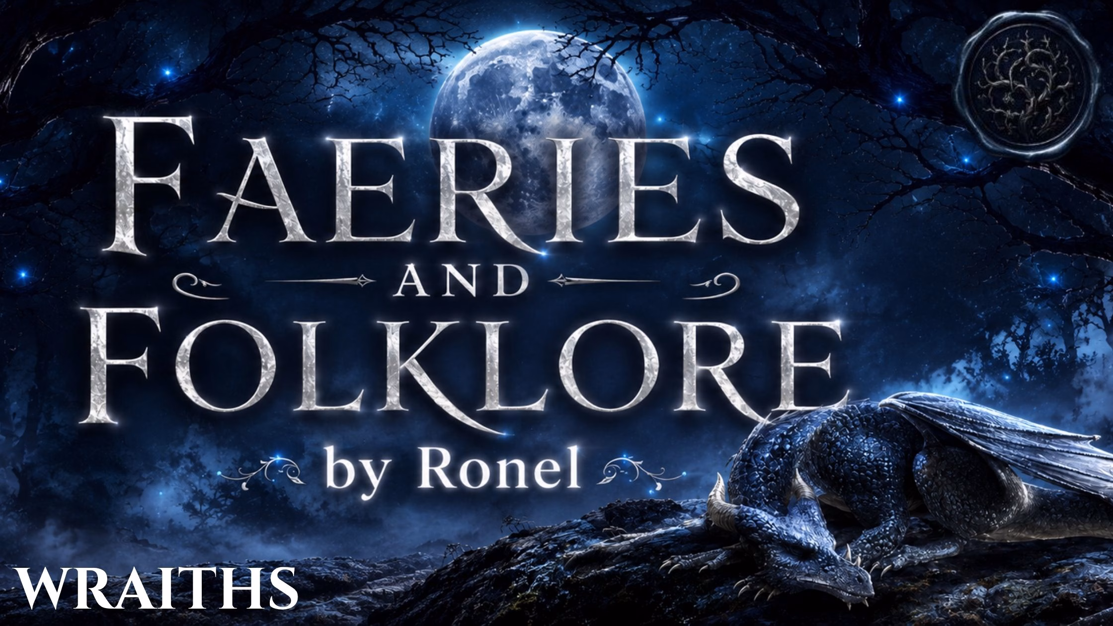 A dark fantasy banner titled "FAERIES AND FOLKLORE by Ronel," set against a misty, gnarled forest under a large, glowing full moon. In the bottom left corner, the word "Wraiths" is written in a clean, white serif font. In the top right corner, there is a circular, dark metallic or wax seal stamp featuring an embossed illustration of a bramble. A scaly blue dragon rests on a rocky ridge in the foreground, surrounded by faint, glowing blue magical embers.