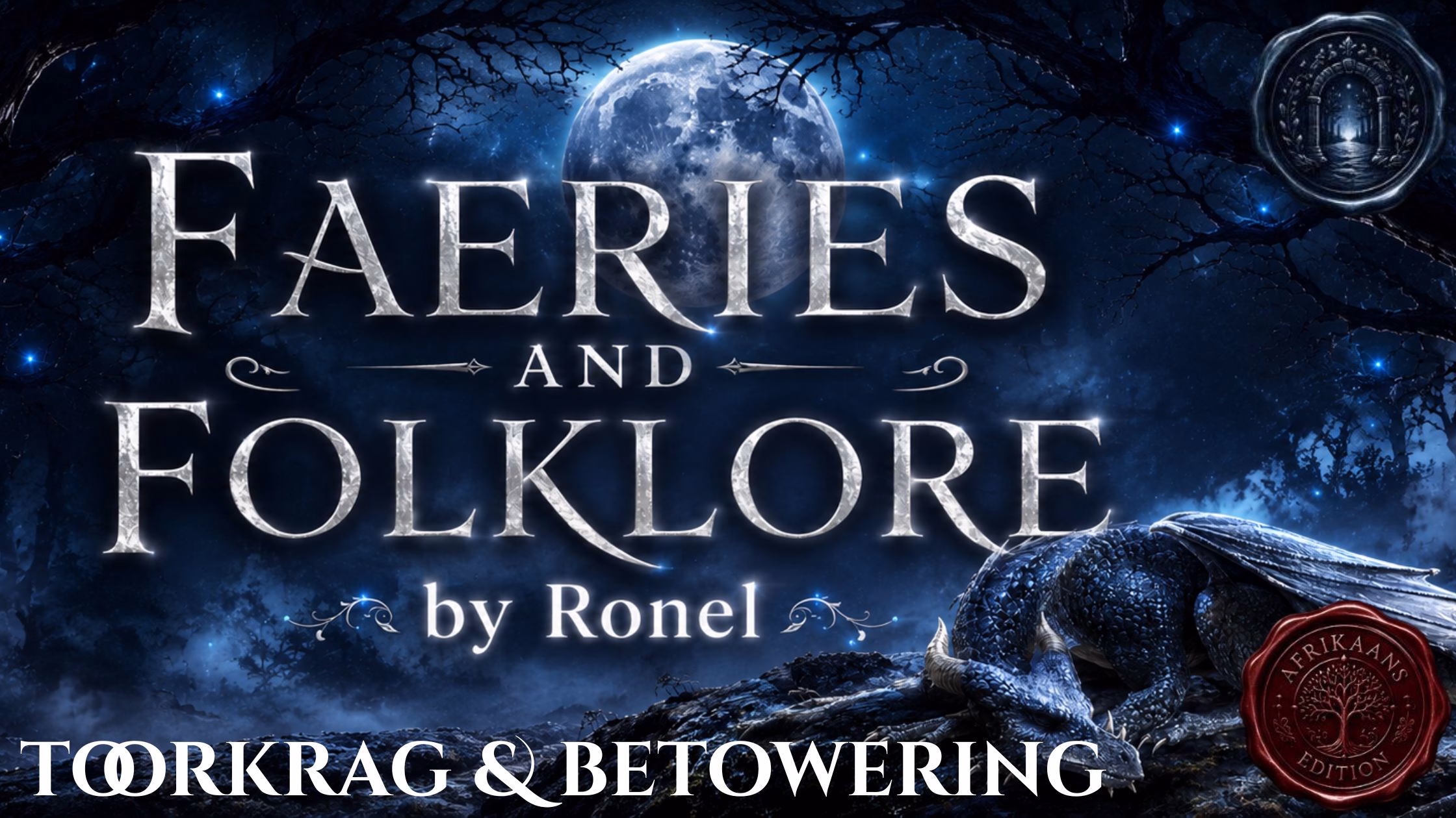 A dark fantasy banner titled "FAERIES AND FOLKLORE by Ronel," set against a misty, gnarled forest under a large, glowing full moon. In the bottom left corner, the word "Toorkrag & Betowering" is written in a clean, white serif font. In the top right corner, there is a circular, dark metallic or wax seal stamp featuring an embossed illustration of a doorway. A scaly blue dragon rests on a rocky ridge in the foreground, surrounded by faint, glowing blue magical embers. A red wax seal has “Afrikaans Edition” stamped on it with an embossed tree.