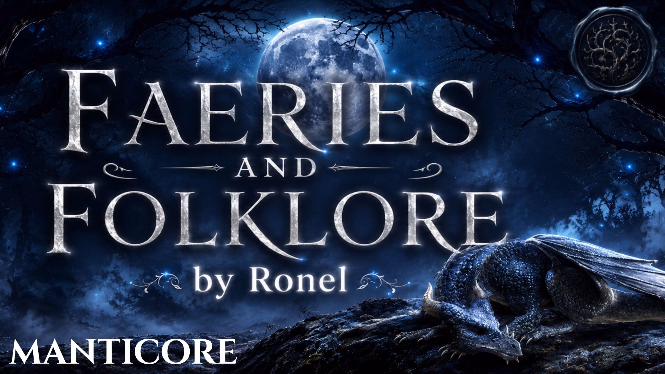 A dark fantasy banner titled "FAERIES AND FOLKLORE by Ronel," set against a misty, gnarled forest under a large, glowing full moon. In the bottom left corner, the word "Manticore" is written in a clean, white serif font. In the top right corner, there is a circular, dark metallic or wax seal stamp featuring an embossed illustration of a bramble. A scaly blue dragon rests on a rocky ridge in the foreground, surrounded by faint, glowing blue magical embers.
