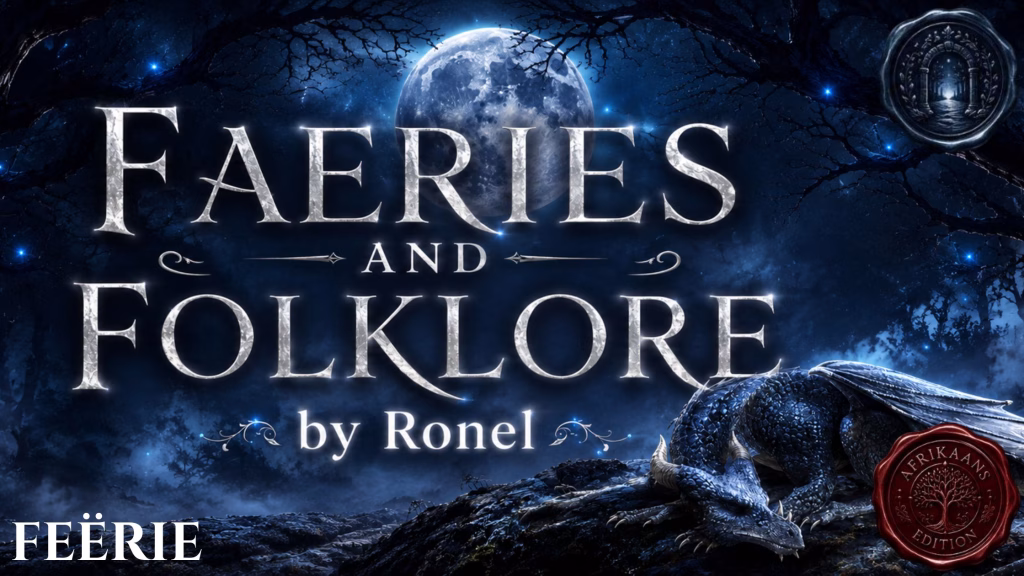 A dark fantasy banner titled "FAERIES AND FOLKLORE by Ronel," set against a misty, gnarled forest under a large, glowing full moon. In the bottom left corner, the word "Feërie" is written in a clean, white serif font. In the top right corner, there is a circular, dark metallic or wax seal stamp featuring an embossed illustration of a doorway. A scaly blue dragon rests on a rocky ridge in the foreground, surrounded by faint, glowing blue magical embers. A red wax seal has “Afrikaans Edition” stamped on it with an embossed tree.