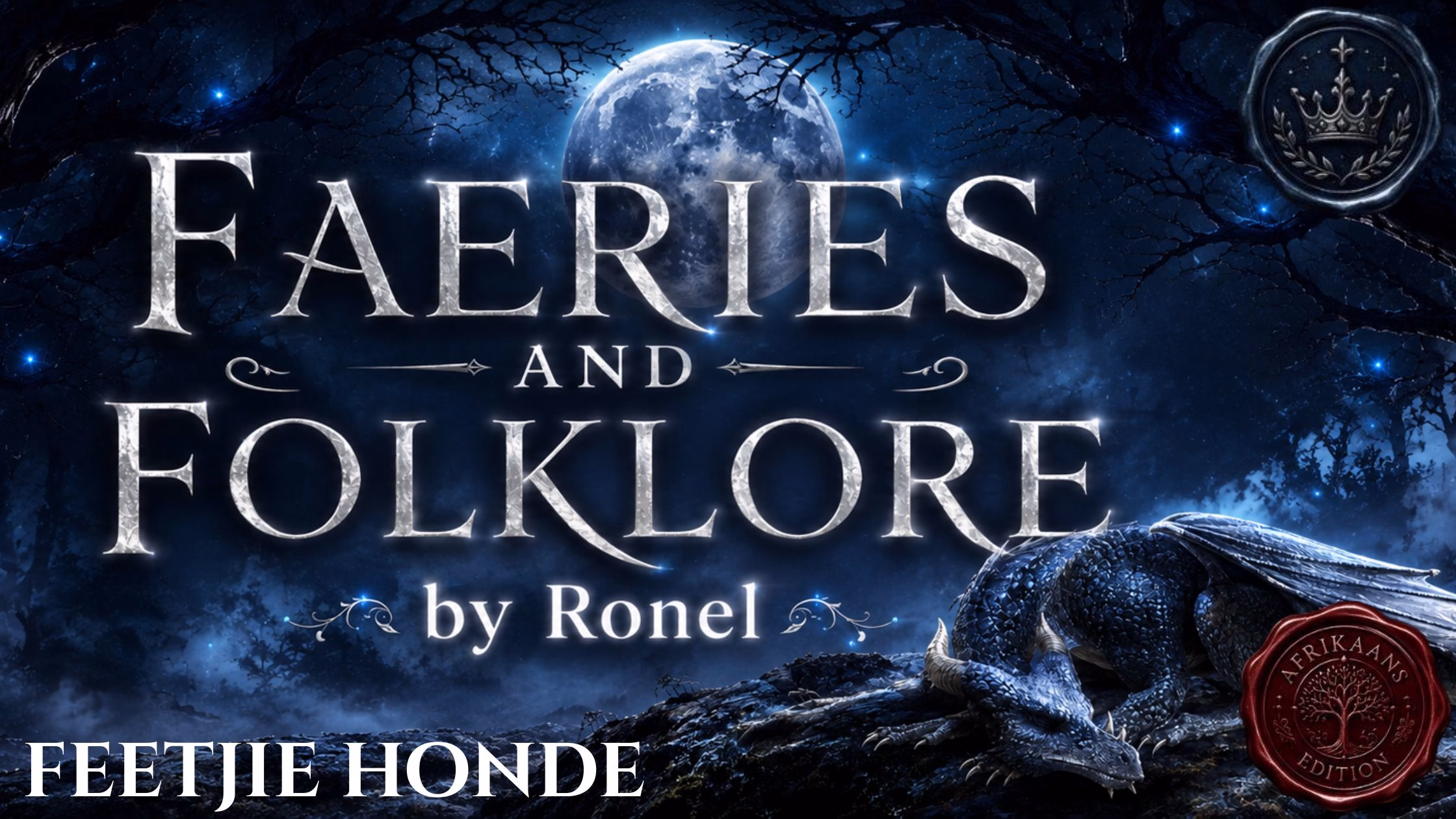 A dark fantasy banner titled "FAERIES AND FOLKLORE by Ronel," set against a misty, gnarled forest under a large, glowing full moon. In the bottom left corner, the word "Feetjie Honde" is written in a clean, white serif font. In the top right corner, there is a circular, dark metallic or wax seal stamp featuring an embossed illustration of a crown. A scaly blue dragon rests on a rocky ridge in the foreground, surrounded by faint, glowing blue magical embers. A red wax seal has “Afrikaans Edition” stamped on it with an embossed tree.