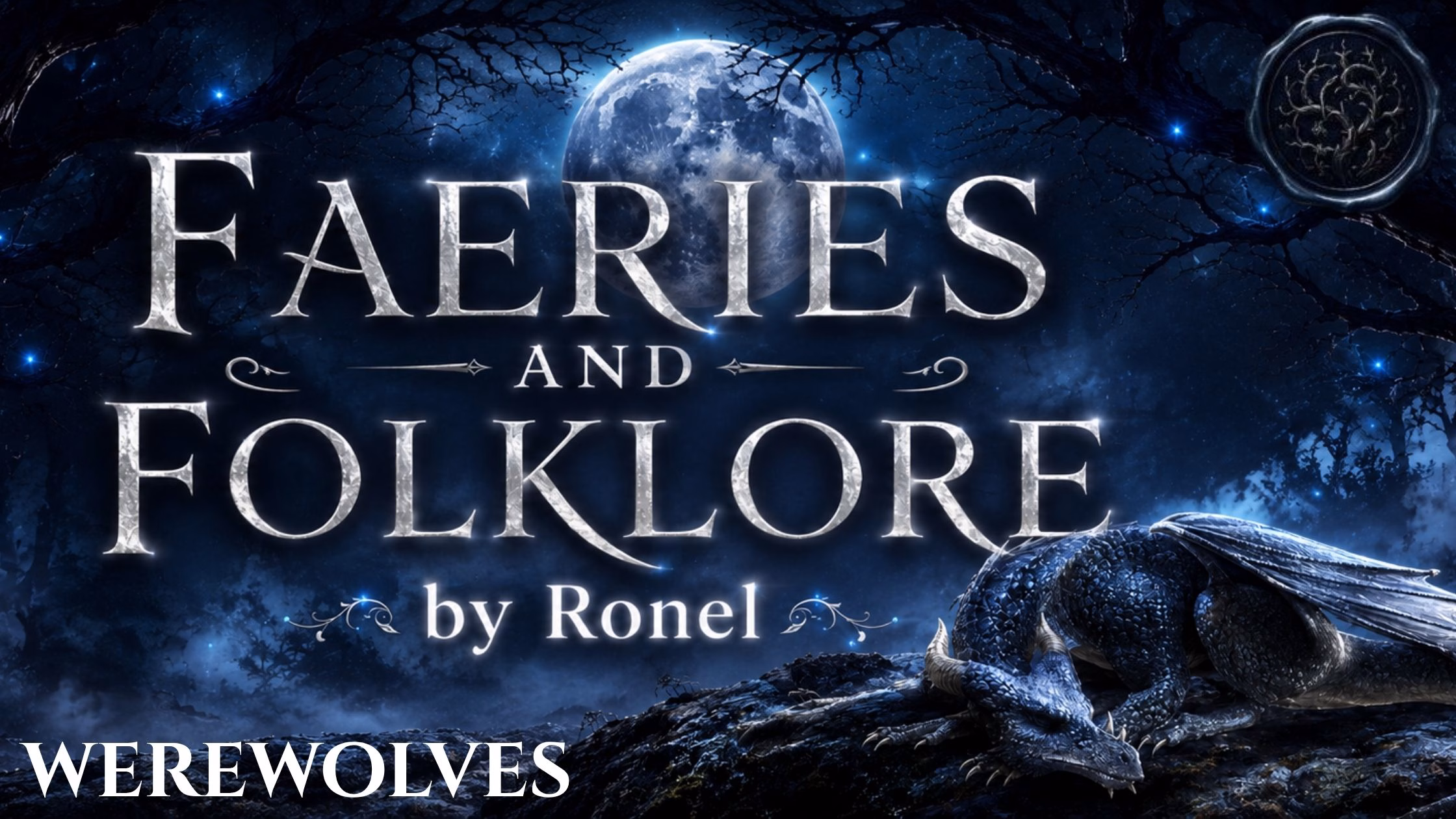 A dark fantasy banner titled "FAERIES AND FOLKLORE by Ronel," set against a misty, gnarled forest under a large, glowing full moon. In the bottom left corner, the word "Werewolves" is written in a clean, white serif font. In the top right corner, there is a circular, dark metallic or wax seal stamp featuring an embossed illustration of a bramble. A scaly blue dragon rests on a rocky ridge in the foreground, surrounded by faint, glowing blue magical embers.