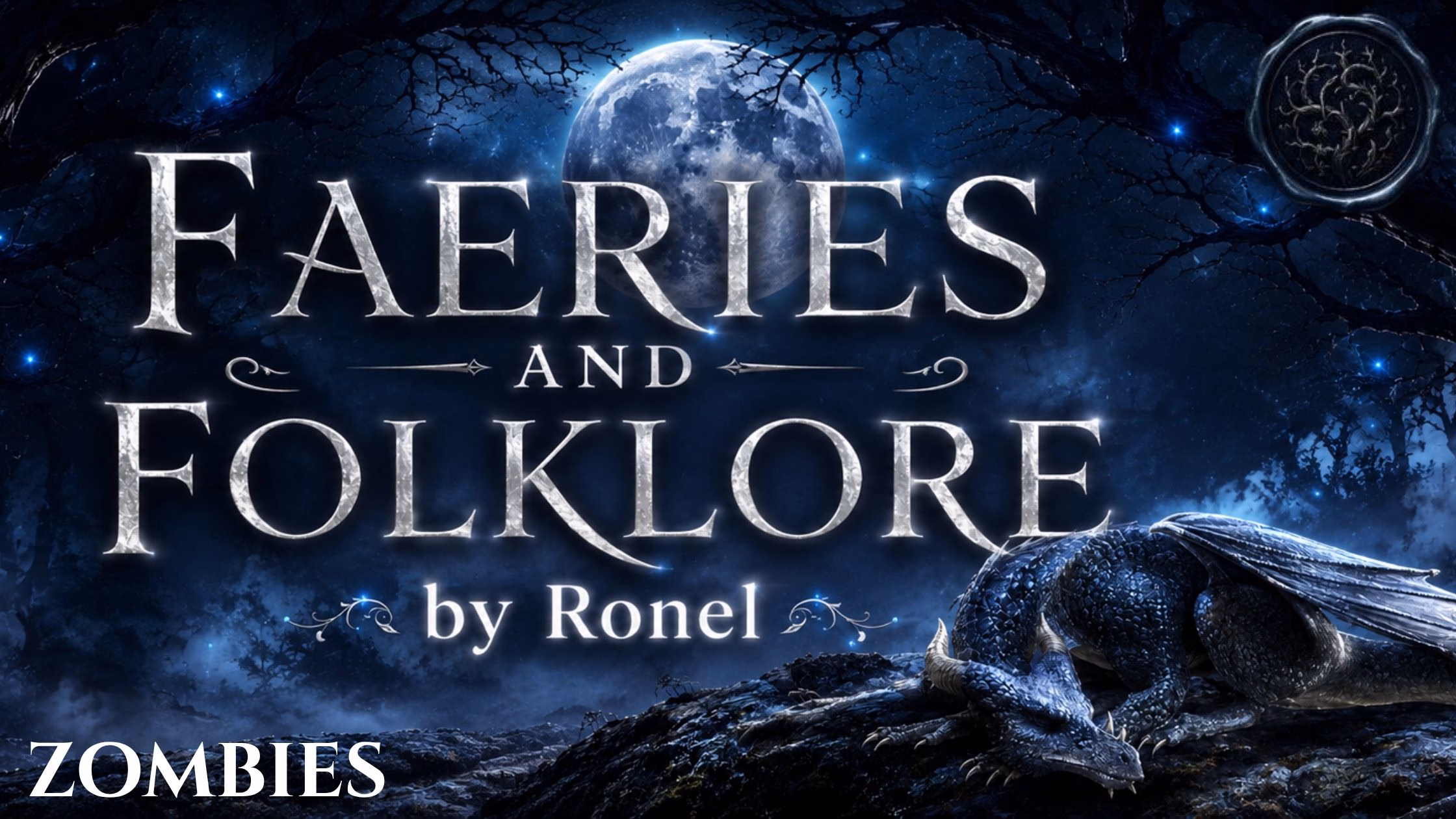 A dark fantasy banner titled "FAERIES AND FOLKLORE by Ronel," set against a misty, gnarled forest under a large, glowing full moon. In the bottom left corner, the word "Zombies" is written in a clean, white serif font. In the top right corner, there is a circular, dark metallic or wax seal stamp featuring an embossed illustration of a bramble. A scaly blue dragon rests on a rocky ridge in the foreground, surrounded by faint, glowing blue magical embers.