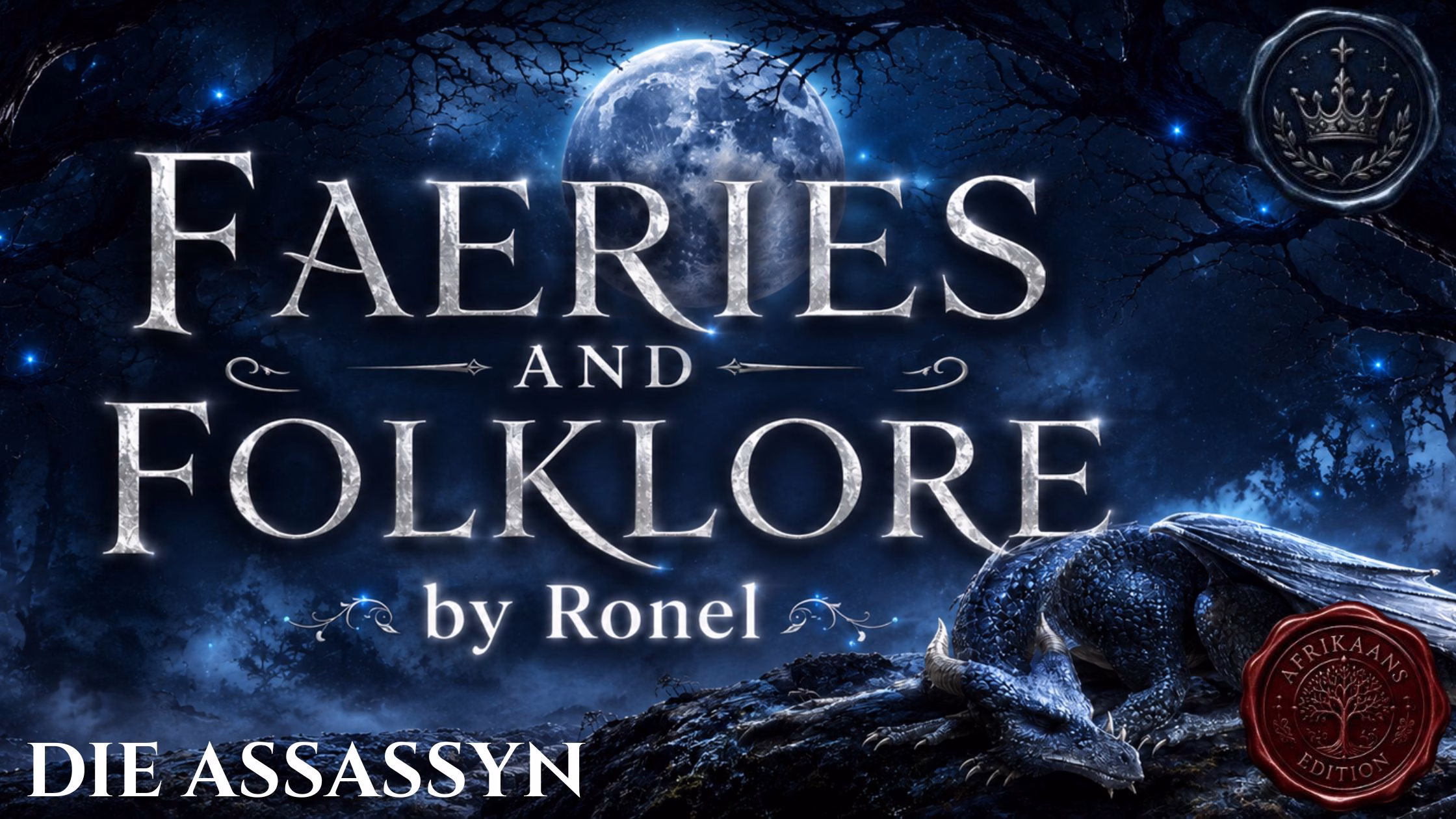 A dark fantasy banner titled "FAERIES AND FOLKLORE by Ronel," set against a misty, gnarled forest under a large, glowing full moon. In the bottom left corner, the word "Die Assassyn" is written in a clean, white serif font. In the top right corner, there is a circular, dark metallic or wax seal stamp featuring an embossed illustration of a crown. A scaly blue dragon rests on a rocky ridge in the foreground, surrounded by faint, glowing blue magical embers. A red wax seal has “Afrikaans Edition” stamped on it with an embossed tree.