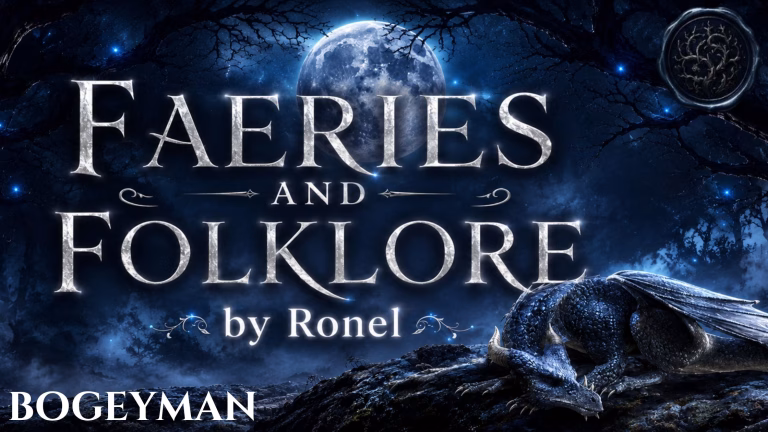 A dark fantasy banner titled "FAERIES AND FOLKLORE by Ronel," set against a misty, gnarled forest under a large, glowing full moon. In the bottom left corner, the word "Bogeyman" is written in a clean, white serif font. In the top right corner, there is a circular, dark metallic or wax seal stamp featuring an embossed illustration of a bramble. A scaly blue dragon rests on a rocky ridge in the foreground, surrounded by faint, glowing blue magical embers.