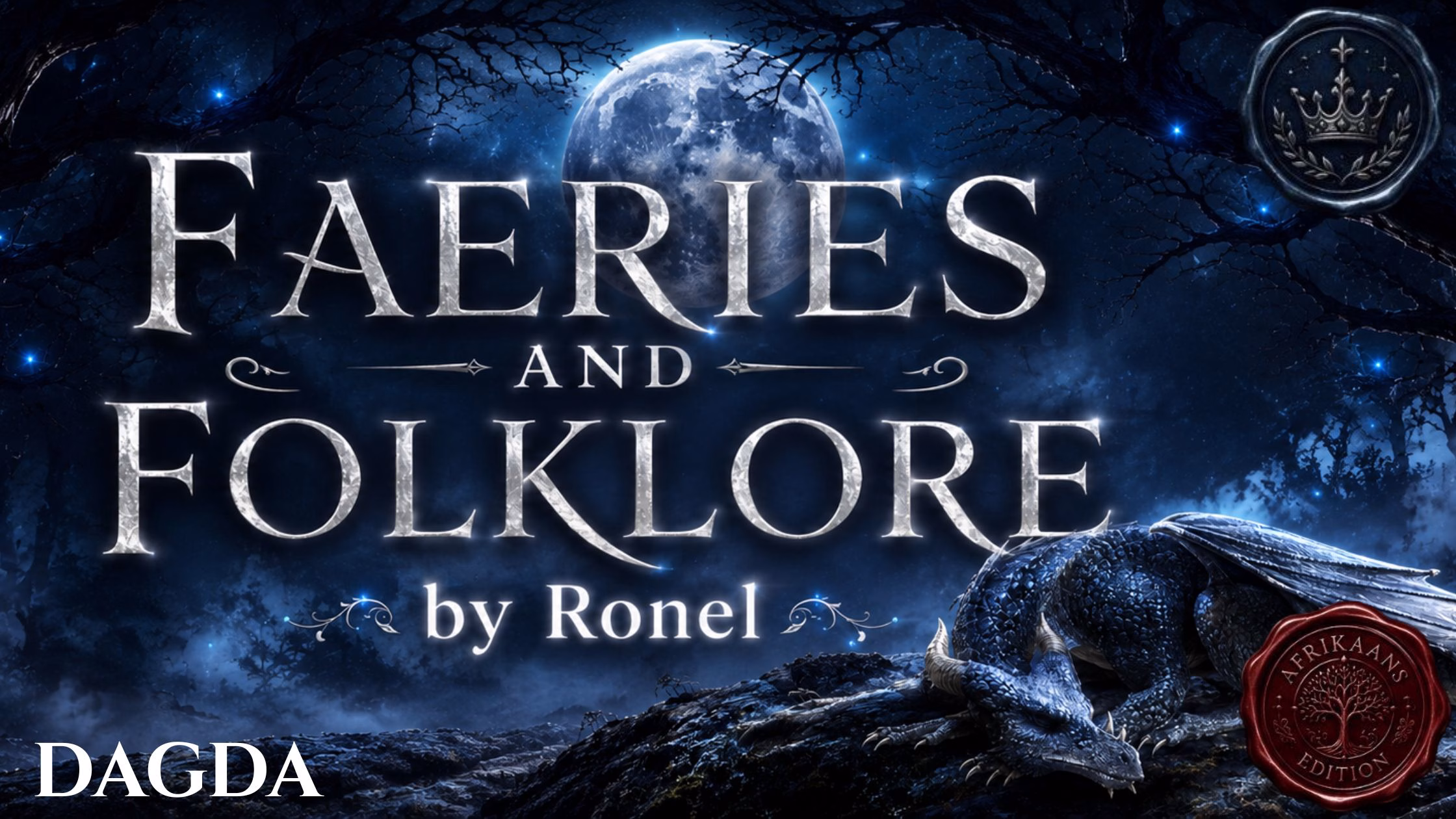 A dark fantasy banner titled "FAERIES AND FOLKLORE by Ronel," set against a misty, gnarled forest under a large, glowing full moon. In the bottom left corner, the word "Dagda" is written in a clean, white serif font. In the top right corner, there is a circular, dark metallic or wax seal stamp featuring an embossed illustration of a crown. A scaly blue dragon rests on a rocky ridge in the foreground, surrounded by faint, glowing blue magical embers. A red wax seal has “Afrikaans Edition” stamped on it with an embossed tree.