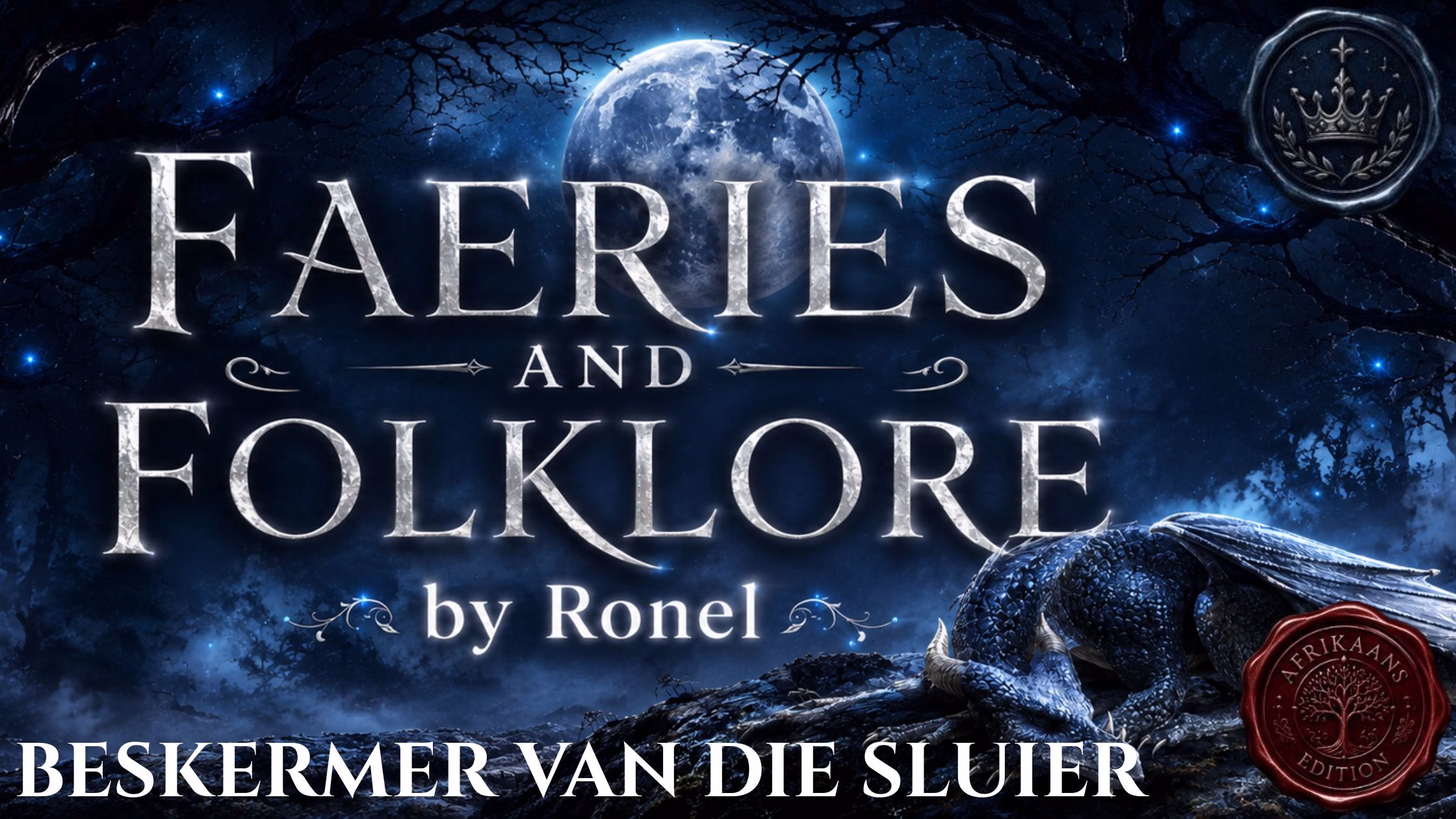A dark fantasy banner titled "FAERIES AND FOLKLORE by Ronel," set against a misty, gnarled forest under a large, glowing full moon. In the bottom left corner, the word "Beskermer van die Sluier" is written in a clean, white serif font. In the top right corner, there is a circular, dark metallic or wax seal stamp featuring an embossed illustration of a crown. A scaly blue dragon rests on a rocky ridge in the foreground, surrounded by faint, glowing blue magical embers. A red wax seal has “Afrikaans Edition” stamped on it with an embossed tree.