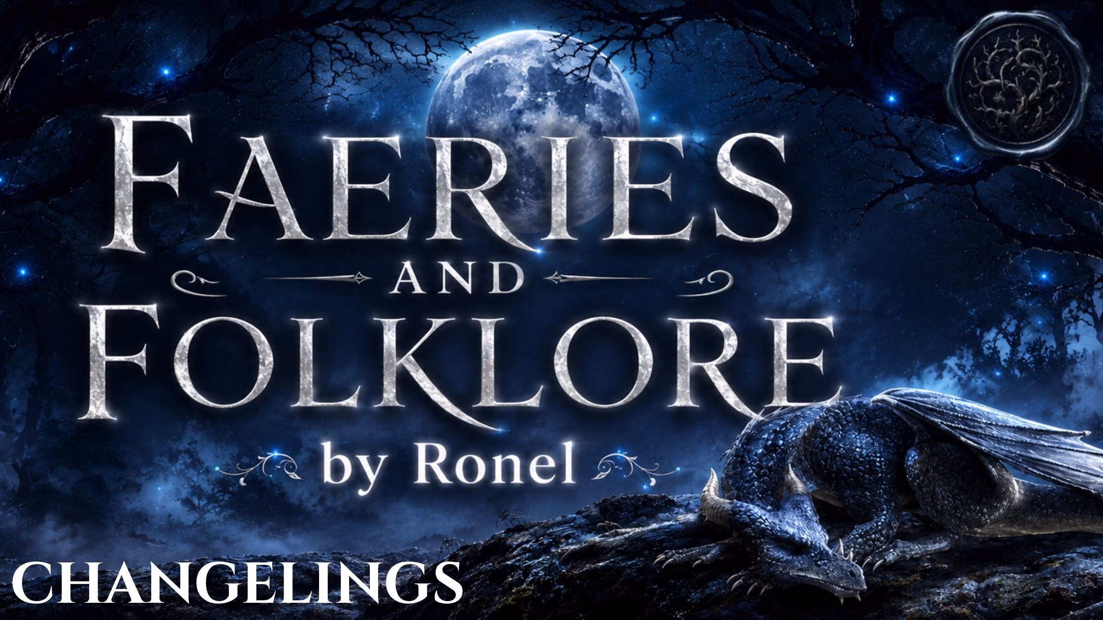 A dark fantasy banner titled "FAERIES AND FOLKLORE by Ronel," set against a misty, gnarled forest under a large, glowing full moon. In the bottom left corner, the word "Changelings" is written in a clean, white serif font. In the top right corner, there is a circular, dark metallic or wax seal stamp featuring an embossed illustration of a bramble. A scaly blue dragon rests on a rocky ridge in the foreground, surrounded by faint, glowing blue magical embers.