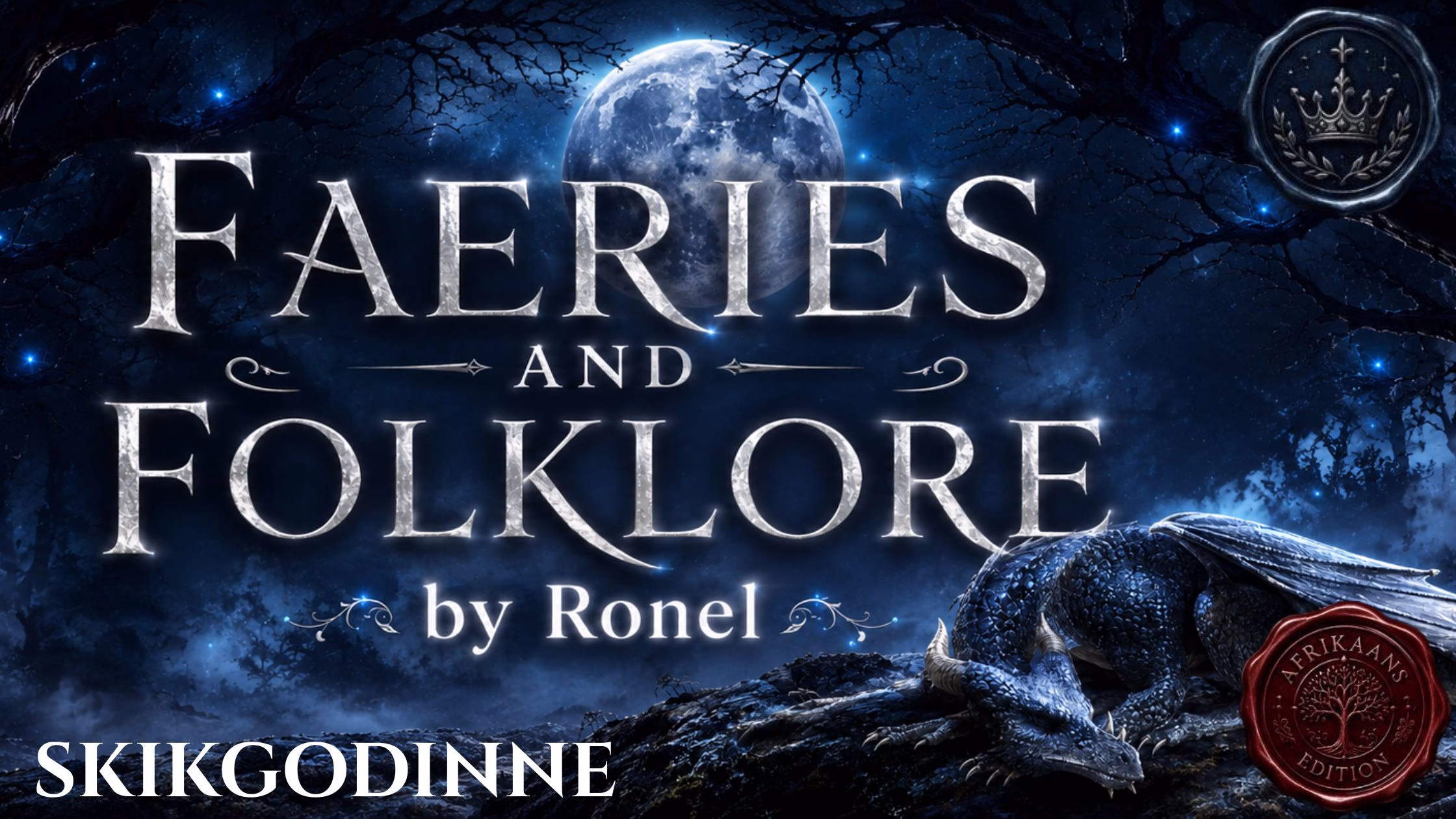 A dark fantasy banner titled "FAERIES AND FOLKLORE by Ronel," set against a misty, gnarled forest under a large, glowing full moon. In the bottom left corner, the word "Skikgodinne" is written in a clean, white serif font. In the top right corner, there is a circular, dark metallic or wax seal stamp featuring an embossed illustration of a crown. A scaly blue dragon rests on a rocky ridge in the foreground, surrounded by faint, glowing blue magical embers. A red wax seal has “Afrikaans Edition” stamped on it with an embossed tree.