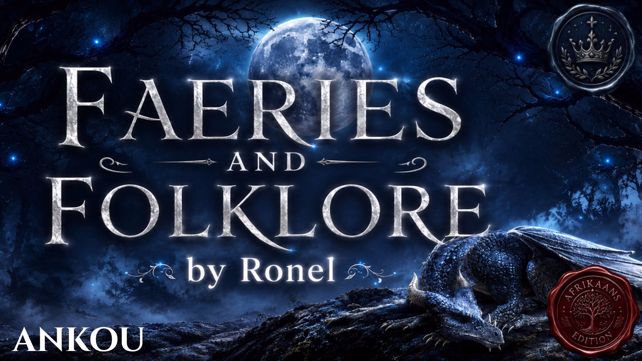 A dark fantasy banner titled "FAERIES AND FOLKLORE by Ronel," set against a misty, gnarled forest under a large, glowing full moon. In the bottom left corner, the word "Ankou" is written in a clean, white serif font. In the top right corner, there is a circular, dark metallic or wax seal stamp featuring an embossed illustration of a crown. A scaly blue dragon rests on a rocky ridge in the foreground, surrounded by faint, glowing blue magical embers. A red wax seal has “Afrikaans Edition” stamped on it with an embossed tree.