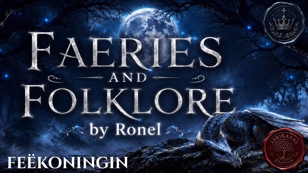 A dark fantasy banner titled "FAERIES AND FOLKLORE by Ronel," set against a misty, gnarled forest under a large, glowing full moon. In the bottom left corner, the word "Feëkoningin" is written in a clean, white serif font. In the top right corner, there is a circular, dark metallic or wax seal stamp featuring an embossed illustration of a crown. A scaly blue dragon rests on a rocky ridge in the foreground, surrounded by faint, glowing blue magical embers. A red wax seal has “Afrikaans Edition” stamped on it with an embossed tree.
