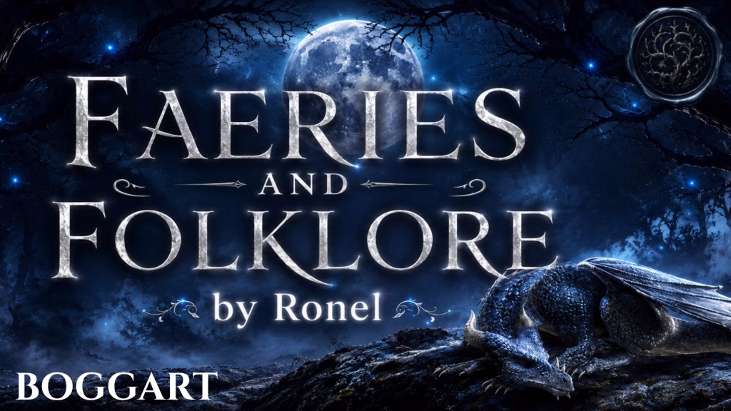 A dark fantasy banner titled "FAERIES AND FOLKLORE by Ronel," set against a misty, gnarled forest under a large, glowing full moon. In the bottom left corner, the word "Boggart " is written in a clean, white serif font. In the top right corner, there is a circular, dark metallic or wax seal stamp featuring an embossed illustration of a bramble. A scaly blue dragon rests on a rocky ridge in the foreground, surrounded by faint, glowing blue magical embers.