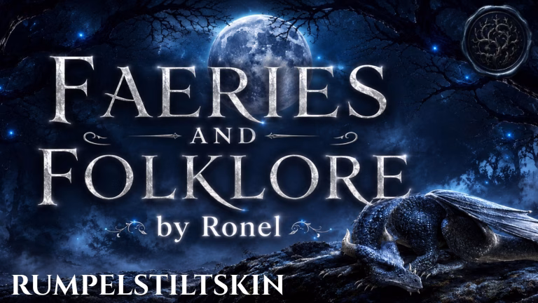 A dark fantasy banner titled "FAERIES AND FOLKLORE by Ronel," set against a misty, gnarled forest under a large, glowing full moon. In the bottom left corner, the word "Rumpelstiltskin " is written in a clean, white serif font. In the top right corner, there is a circular, dark metallic or wax seal stamp featuring an embossed illustration of a bramble. A scaly blue dragon rests on a rocky ridge in the foreground, surrounded by faint, glowing blue magical embers.