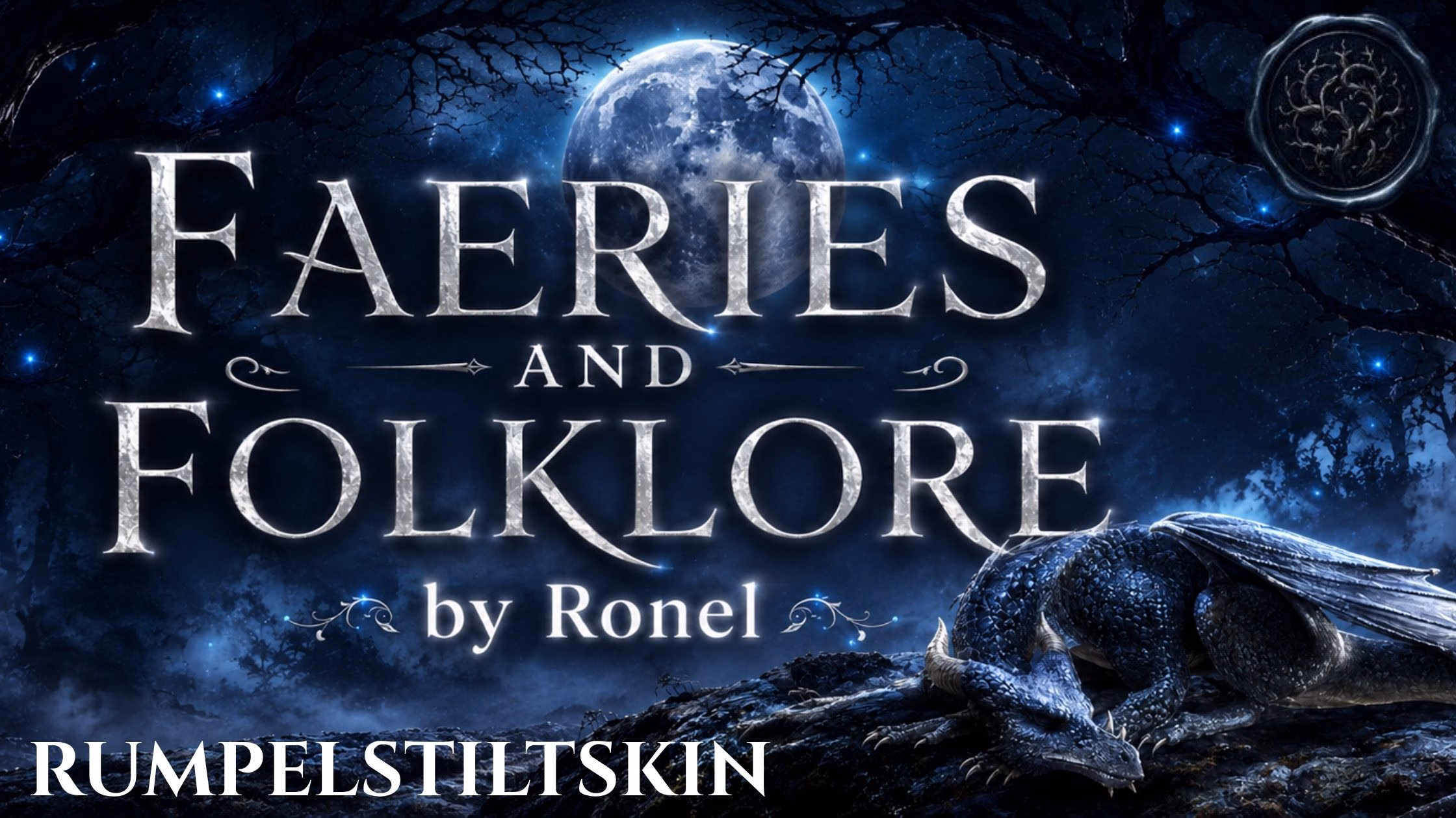 A dark fantasy banner titled "FAERIES AND FOLKLORE by Ronel," set against a misty, gnarled forest under a large, glowing full moon. In the bottom left corner, the word "Rumpelstiltskin " is written in a clean, white serif font. In the top right corner, there is a circular, dark metallic or wax seal stamp featuring an embossed illustration of a bramble. A scaly blue dragon rests on a rocky ridge in the foreground, surrounded by faint, glowing blue magical embers.