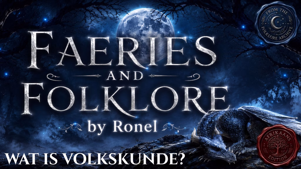 A dark fantasy banner titled "FAERIES AND FOLKLORE by Ronel," set against a misty, gnarled forest under a large, glowing full moon. In the bottom left corner, the words "Wat is Volkskunde?" are written in a clean, white serif font. In the top right corner, there is a circular, dark metallic or wax seal stamp featuring an embossed illustration of a crescent moon and the words “From the Folklore Archive”. A scaly blue dragon rests on a rocky ridge in the foreground, surrounded by faint, glowing blue magical embers. A red wax seal has “Afrikaans Edition” stamped on it with an embossed tree.