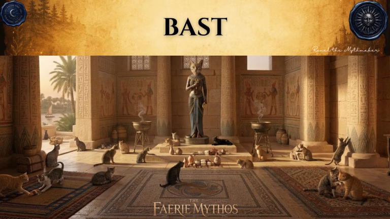 A character card from "The Faerie Mythos" series titled "BAST" by Ronel the Mythmaker. The image depicts a sunlit Egyptian temple interior featuring a central statue of the cat-headed goddess Bast, surrounded by many cats lounging on the floor and tiled mosaics. The top section features a parchment-textured bar with wax seals from "From The Folklore Archive" on the sides, and the text is displayed in black.