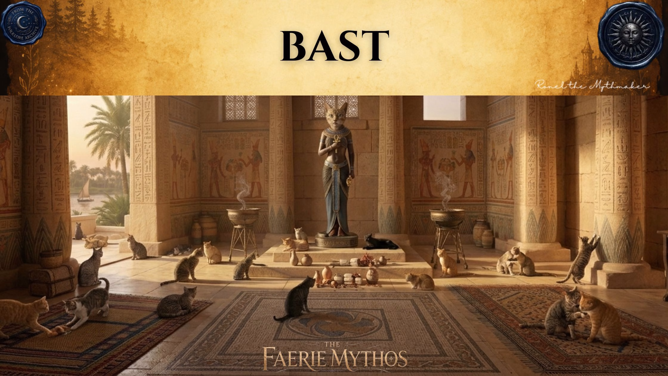 A character card from "The Faerie Mythos" series titled "BAST" by Ronel the Mythmaker. The image depicts a sunlit Egyptian temple interior featuring a central statue of the cat-headed goddess Bast, surrounded by many cats lounging on the floor and tiled mosaics. The top section features a parchment-textured bar with wax seals from "From The Folklore Archive" on the sides, and the text is displayed in black.