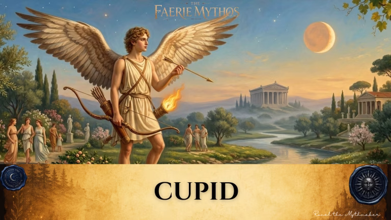 A character card from "The Faerie Mythos" series titled "CUPID" by Ronel the Mythmaker. The image features the winged god Cupid standing in a serene, classical landscape with a temple in the distance, holding a bow, arrow, and a flaming torch. The bottom section contains a parchment-textured bar with wax seals from "From The Folklore Archive" on the sides, and the text is displayed in black.