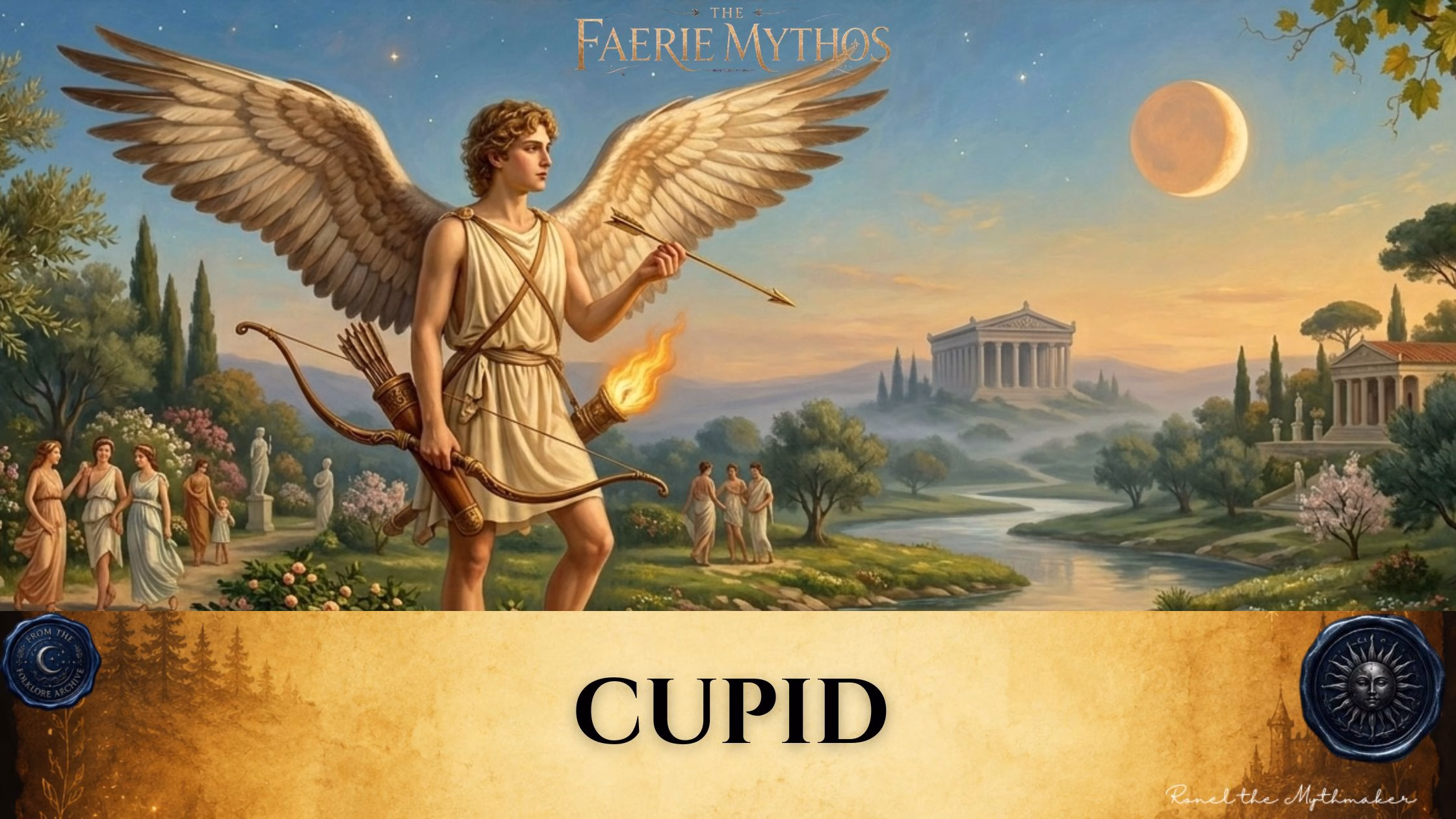 A character card from "The Faerie Mythos" series titled "CUPID" by Ronel the Mythmaker. The image features the winged god Cupid standing in a serene, classical landscape with a temple in the distance, holding a bow, arrow, and a flaming torch. The bottom section contains a parchment-textured bar with wax seals from "From The Folklore Archive" on the sides, and the text is displayed in black.
