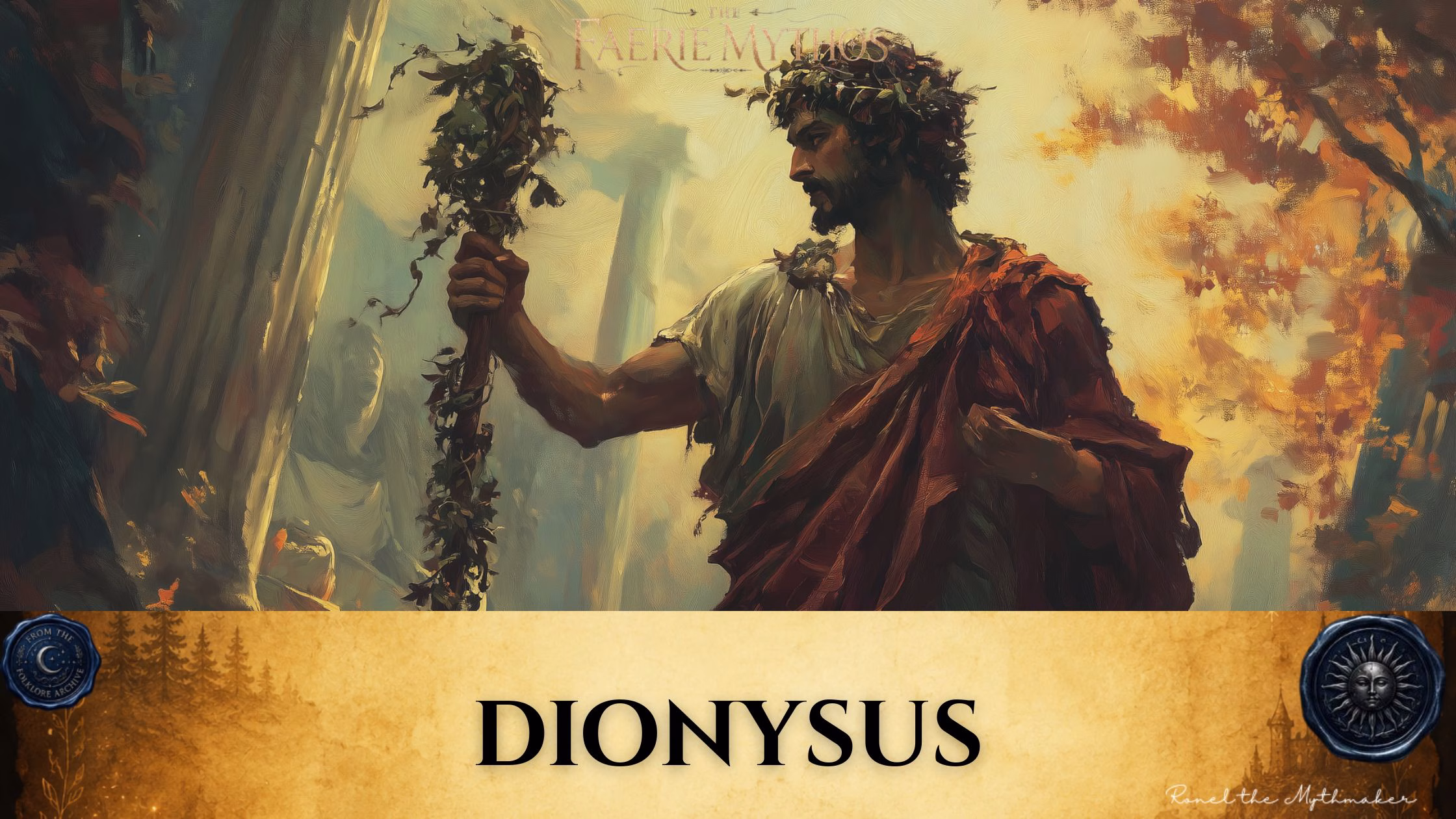 A character card from "The Faerie Mythos" series titled "DIONYSUS" by Ronel the Mythmaker. The image depicts the Greek god Dionysus as a bearded man with a leafy crown, wearing a red cloak and holding a staff adorned with greenery, set against a warm, painterly forest background. The bottom section contains a parchment-textured bar with wax seals from "From The Folklore Archive" on the sides, and the text is displayed in black.