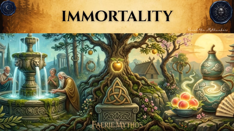 A character card from "The Faerie Mythos" series titled "IMMORTALITY" by Ronel the Mythmaker. The image depicts a vibrant, mythical scene representing various symbols of eternal life, including a fountain of youth, a tree bearing golden apples, and a bowl of glowing peaches. The top section features a parchment-textured bar with wax seals from "From The Folklore Archive" on the sides, and the text is displayed in black.