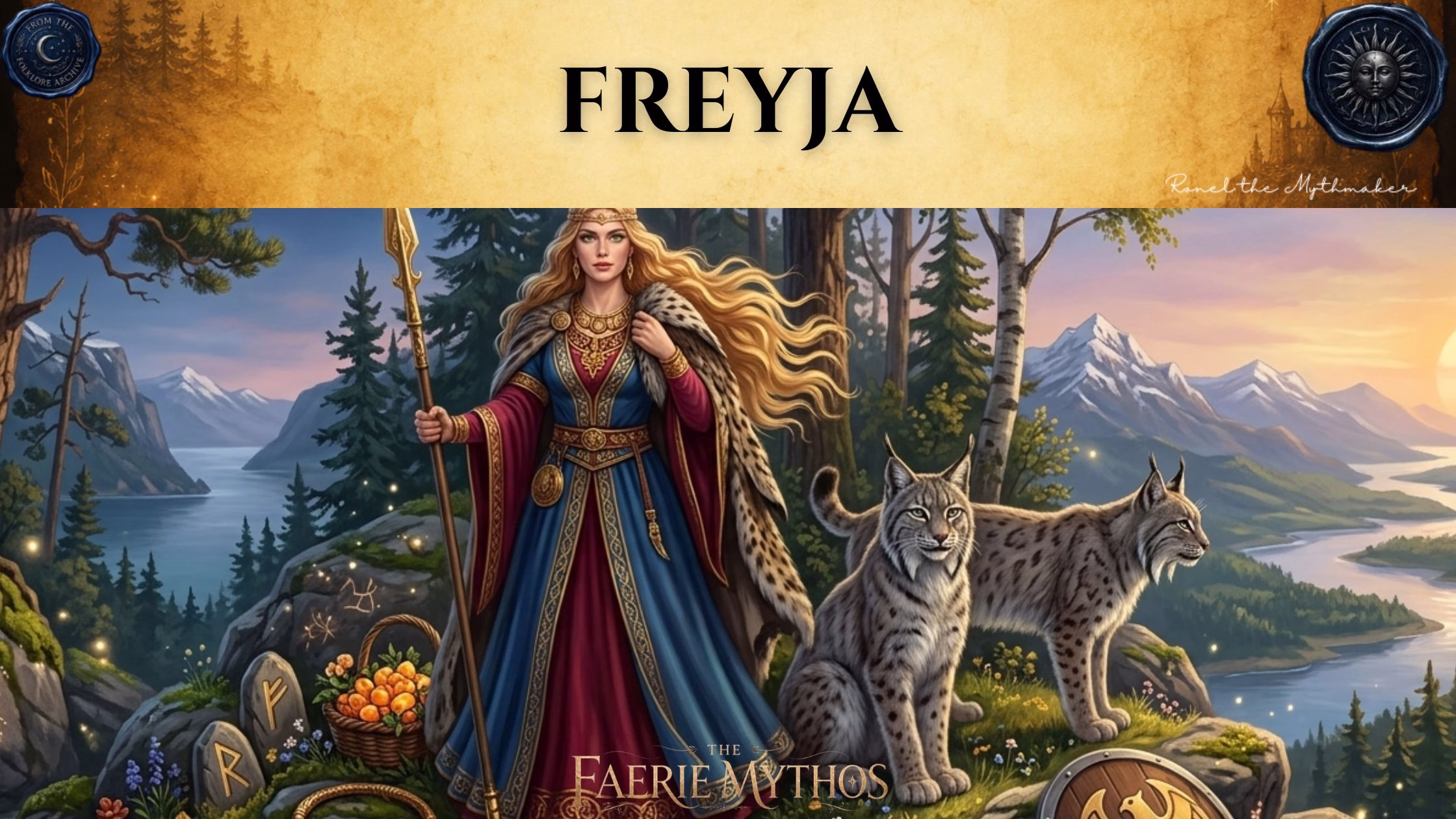 A character card from "The Faerie Mythos" series titled "FREYJA" by Ronel the Mythmaker. The image features the Norse goddess Freyja in a blue and red dress with a fur-trimmed cloak, holding a spear and standing beside two lynxes in a mountain landscape. The top section features a parchment-textured bar with wax seals from "From The Folklore Archive" on the sides, and the text is displayed in black.