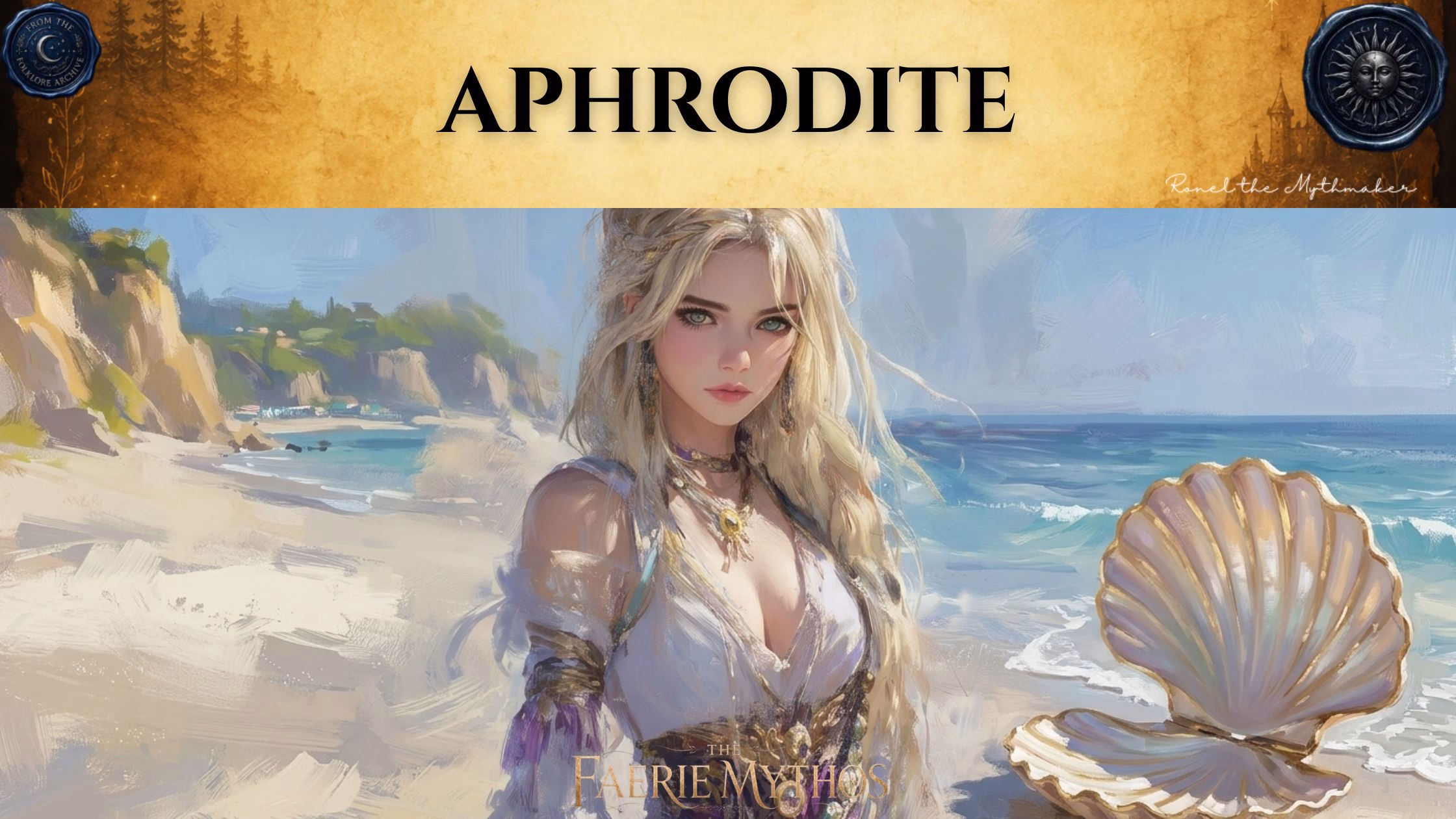 A character card from "The Faerie Mythos" series titled "APHRODITE" by Ronel the Mythmaker. The image depicts the goddess Aphrodite with long blonde hair, standing on a sunlit beach next to a large, open seashell. The top section features a parchment-textured bar with wax seals from "From The Folklore Archive" on the sides, and the text is displayed in black.