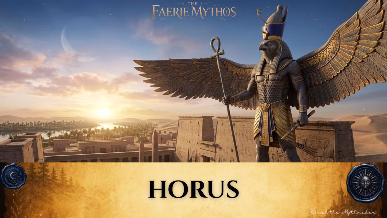 A character card from "The Faerie Mythos" series titled "HORUS" by Ronel the Mythmaker. The image features a majestic statue of the Egyptian god Horus, depicted with the head of a falcon and expansive wings, holding an ankh staff while overlooking an ancient temple complex at sunrise. The bottom section contains a parchment-textured bar with wax seals from "From The Folklore Archive" on the sides, and the text is displayed in black.