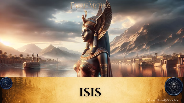 A character card from "The Faerie Mythos" series titled "ISIS" by Ronel the Mythmaker. The image depicts a majestic figure of the Egyptian goddess Isis, wearing an ornate headdress, overlooking a tranquil river landscape with ancient temples and a boat in the distance. The bottom section contains a parchment-textured bar with wax seals from "From The Folklore Archive" on the sides, and the text is displayed in black.