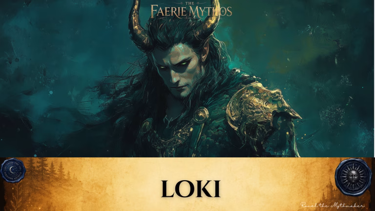 A character card from "The Faerie Mythos" series titled "LOKI" by Ronel the Mythmaker. The image features a dark, atmospheric portrait of the Norse god Loki with prominent horns and intense, glowing green eyes, set against a moody teal and green background. The bottom section contains a parchment-textured bar with wax seals from "From The Folklore Archive" on the sides, and the text is displayed in black.