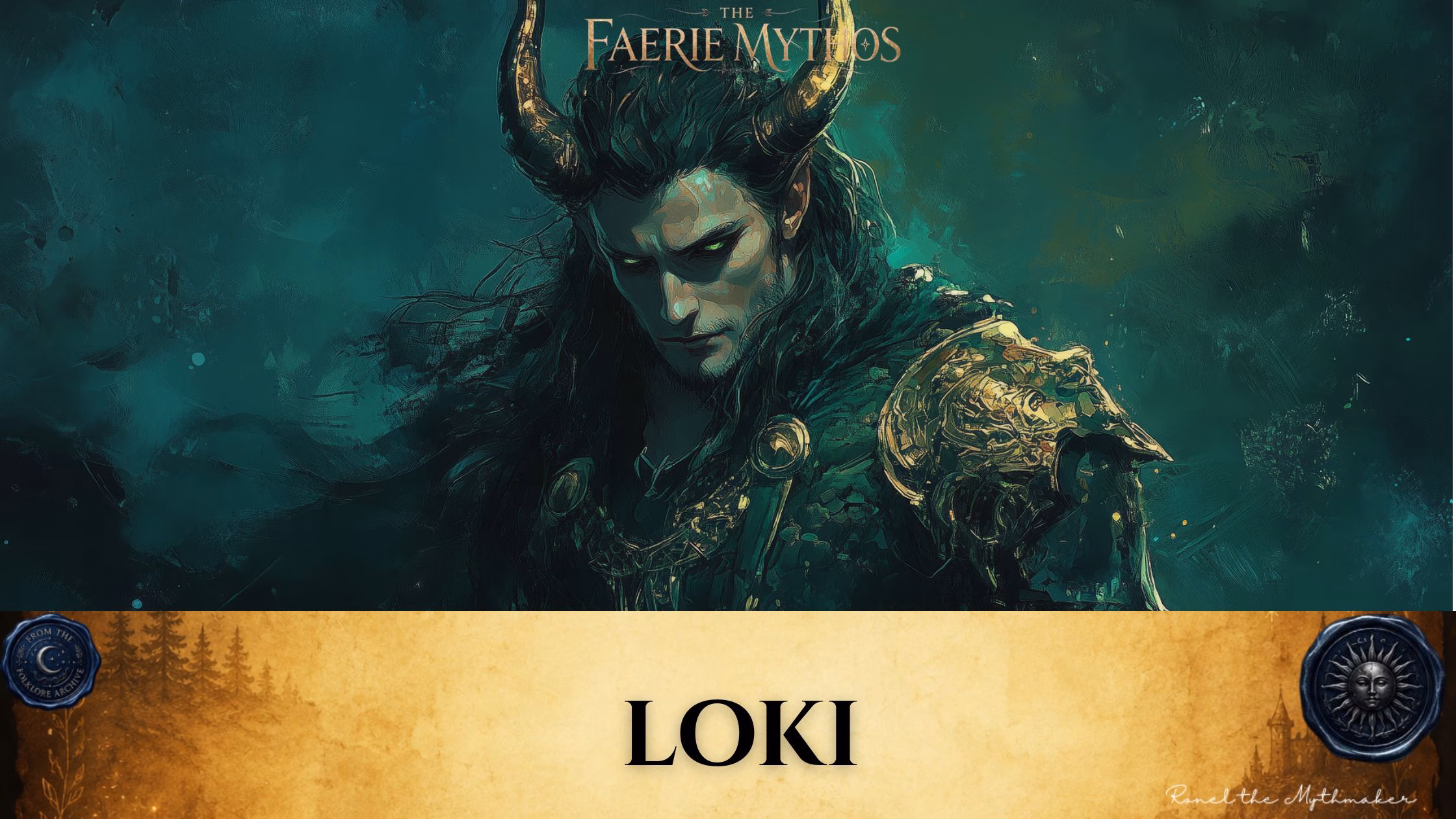 A character card from "The Faerie Mythos" series titled "LOKI" by Ronel the Mythmaker. The image features a dark, atmospheric portrait of the Norse god Loki with prominent horns and intense, glowing green eyes, set against a moody teal and green background. The bottom section contains a parchment-textured bar with wax seals from "From The Folklore Archive" on the sides, and the text is displayed in black.