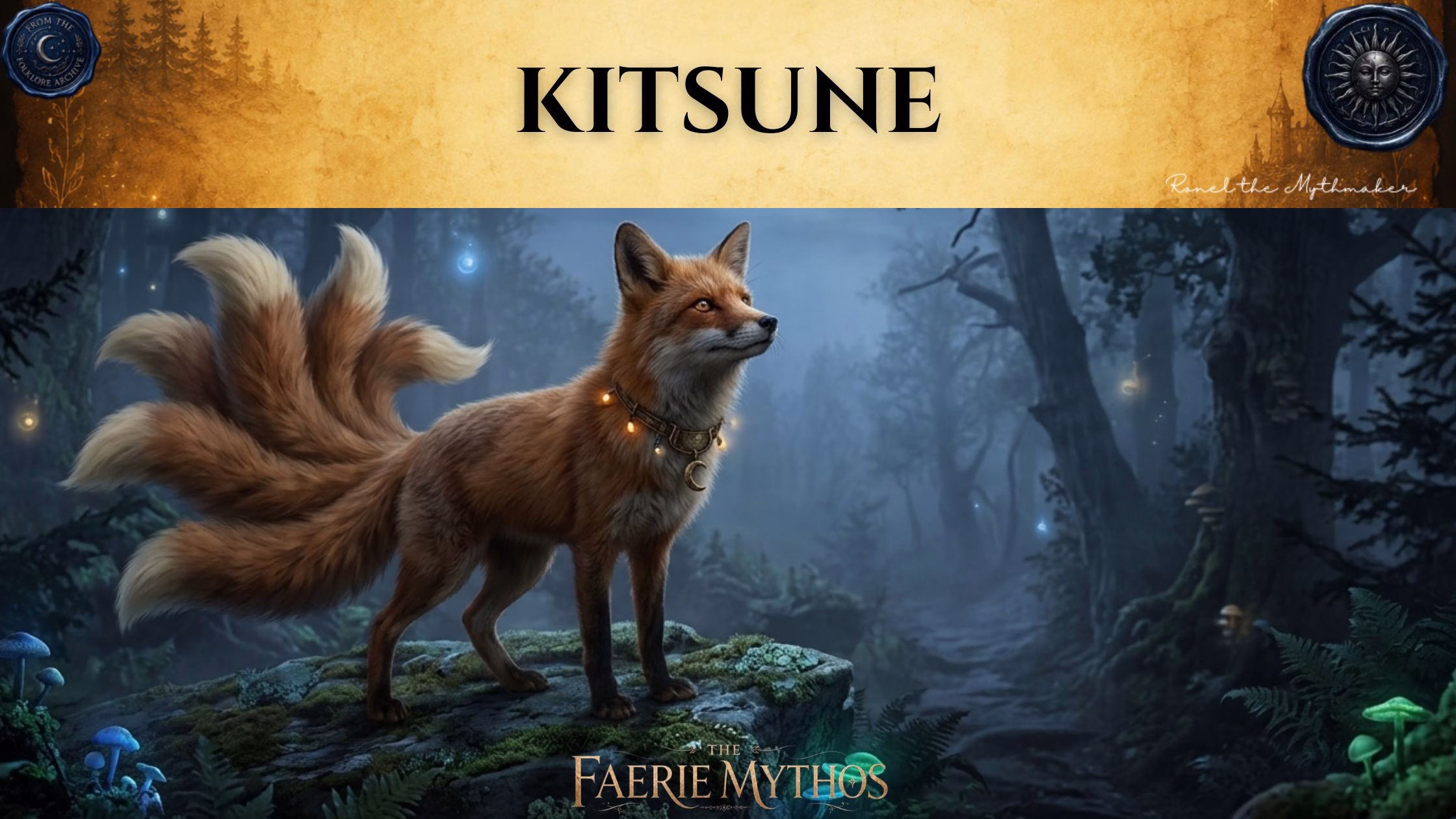 A character card from "The Faerie Mythos" series titled "KITSUNE" by Ronel the Mythmaker. The image features a multi-tailed fox with a moon-adorned collar standing on a mossy rock within a dark, enchanted forest illuminated by glowing mushrooms and soft, ethereal lights. The top section features a parchment-textured bar with wax seals from "From The Folklore Archive" on the sides, and the text is displayed in black.