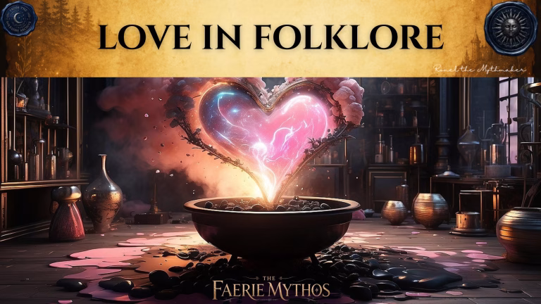 A thematic graphic from "The Faerie Mythos" series titled "LOVE IN FOLKLORE" by Ronel the Mythmaker. The image features a magical, glowing pink heart emanating from a cauldron in a dark, atmospheric room filled with apothecary jars and alchemical supplies. The top section contains a parchment-textured bar with wax seals from "From The Folklore Archive" on the sides, and the text is displayed in black.