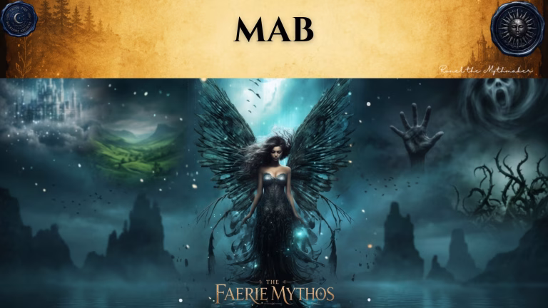 A character card from "The Faerie Mythos" series titled "MAB" by Ronel the Mythmaker. The image features a dark, ethereal figure of Queen Mab with large wings standing against a moody, nightmarish landscape that includes floating hands, jagged rock formations, and a ghostly visage. The top section features a parchment-textured bar with wax seals from "From The Folklore Archive" on the sides, and the text is displayed in black.