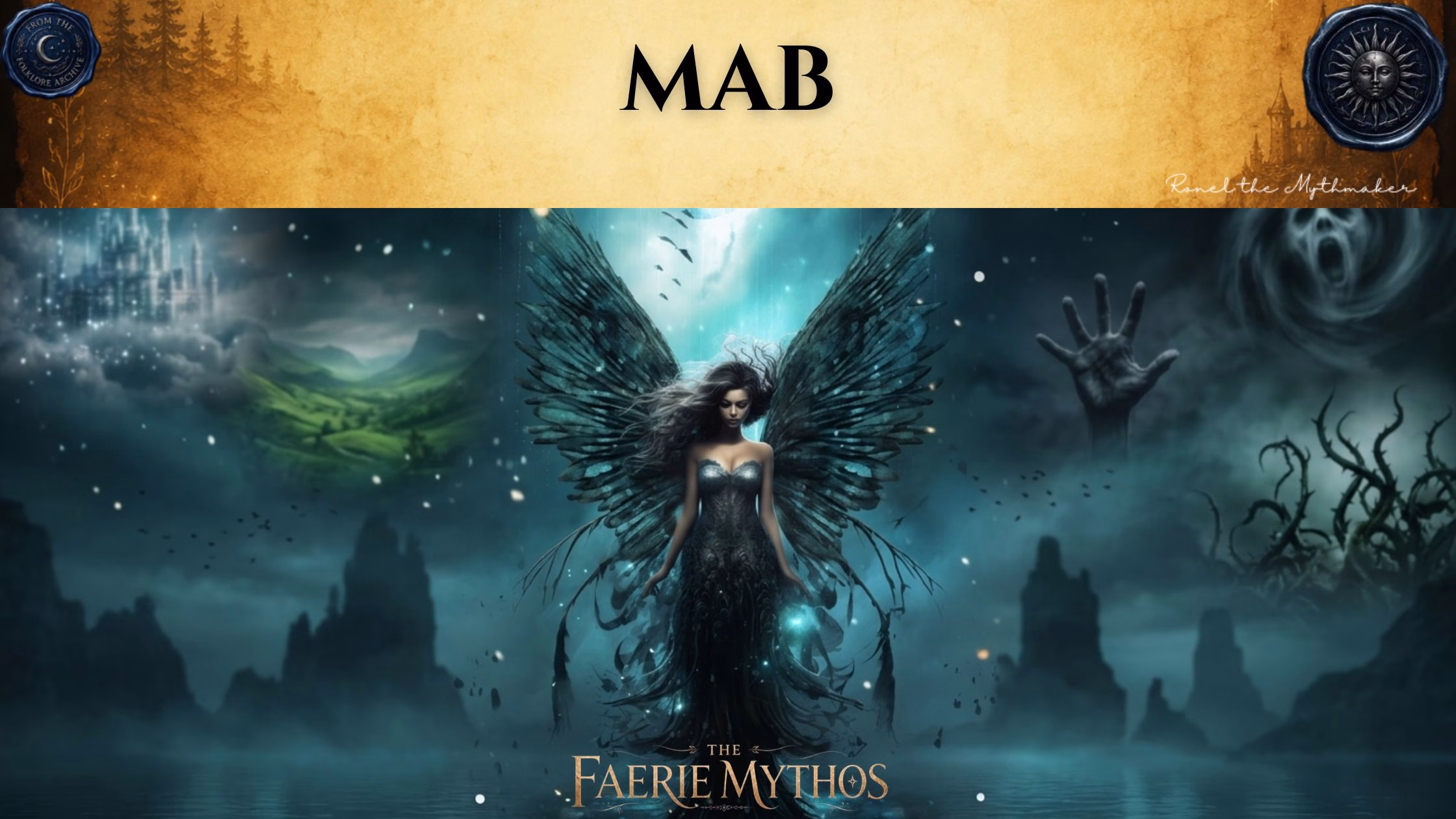 A character card from "The Faerie Mythos" series titled "MAB" by Ronel the Mythmaker. The image features a dark, ethereal figure of Queen Mab with large wings standing against a moody, nightmarish landscape that includes floating hands, jagged rock formations, and a ghostly visage. The top section features a parchment-textured bar with wax seals from "From The Folklore Archive" on the sides, and the text is displayed in black.