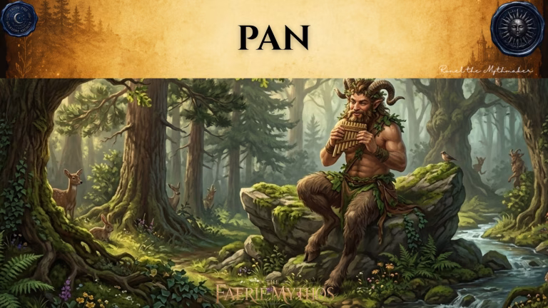 A character card from "The Faerie Mythos" series titled "PAN" by Ronel the Mythmaker. The image depicts the Greek god Pan, with goat-like legs and horns, sitting on a mossy rock in a lush forest and playing a pan flute, surrounded by deer and small animals. The top section features a parchment-textured bar with wax seals from "From The Folklore Archive" on the sides, and the text is displayed in black.