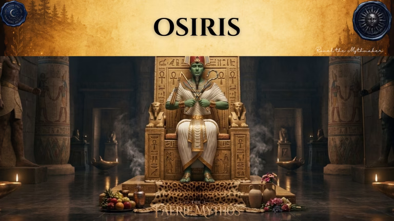 A character card from "The Faerie Mythos" series titled "OSIRIS" by Ronel the Mythmaker. The image depicts the Egyptian god Osiris with green skin, sitting on an ornate golden throne inside a dimly lit temple adorned with hieroglyphics, holding the crook and flail. The bottom section contains a parchment-textured bar with wax seals from "From The Folklore Archive" on the sides, and the text is displayed in black.