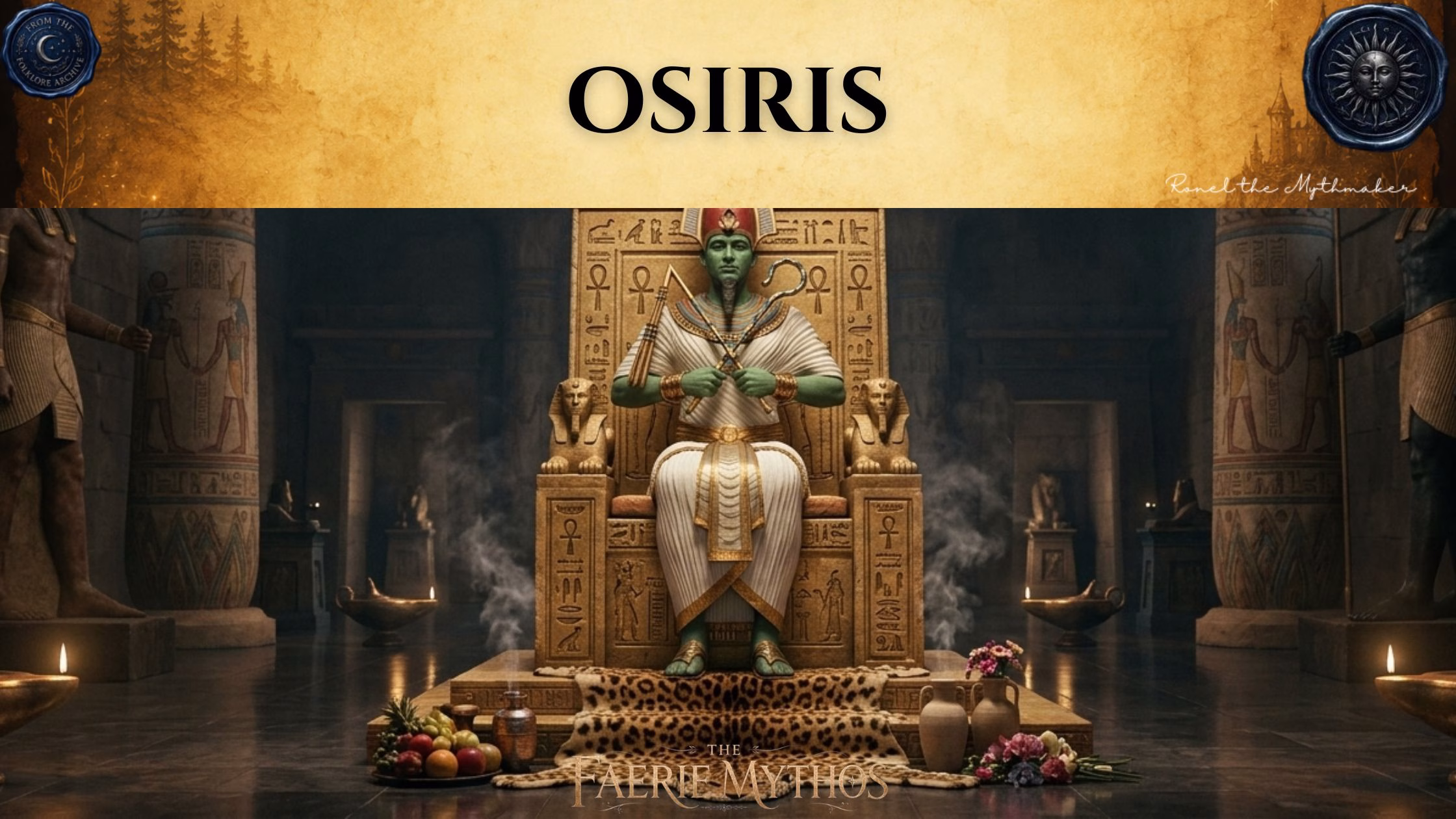 A character card from "The Faerie Mythos" series titled "OSIRIS" by Ronel the Mythmaker. The image depicts the Egyptian god Osiris with green skin, sitting on an ornate golden throne inside a dimly lit temple adorned with hieroglyphics, holding the crook and flail. The bottom section contains a parchment-textured bar with wax seals from "From The Folklore Archive" on the sides, and the text is displayed in black.
