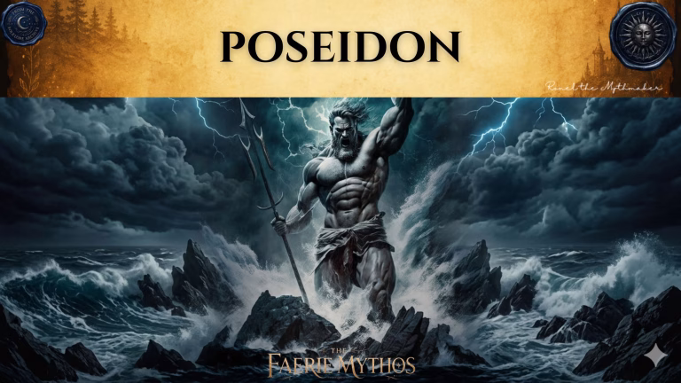 A character card from "The Faerie Mythos" series titled "POSEIDON" by Ronel the Mythmaker. The image features the powerful Greek god Poseidon standing amidst a stormy, tempestuous sea, holding a trident while lightning flashes in the dark, cloudy sky behind him. The top section features a parchment-textured bar with wax seals from "From The Folklore Archive" on the sides, and the text is displayed in black.