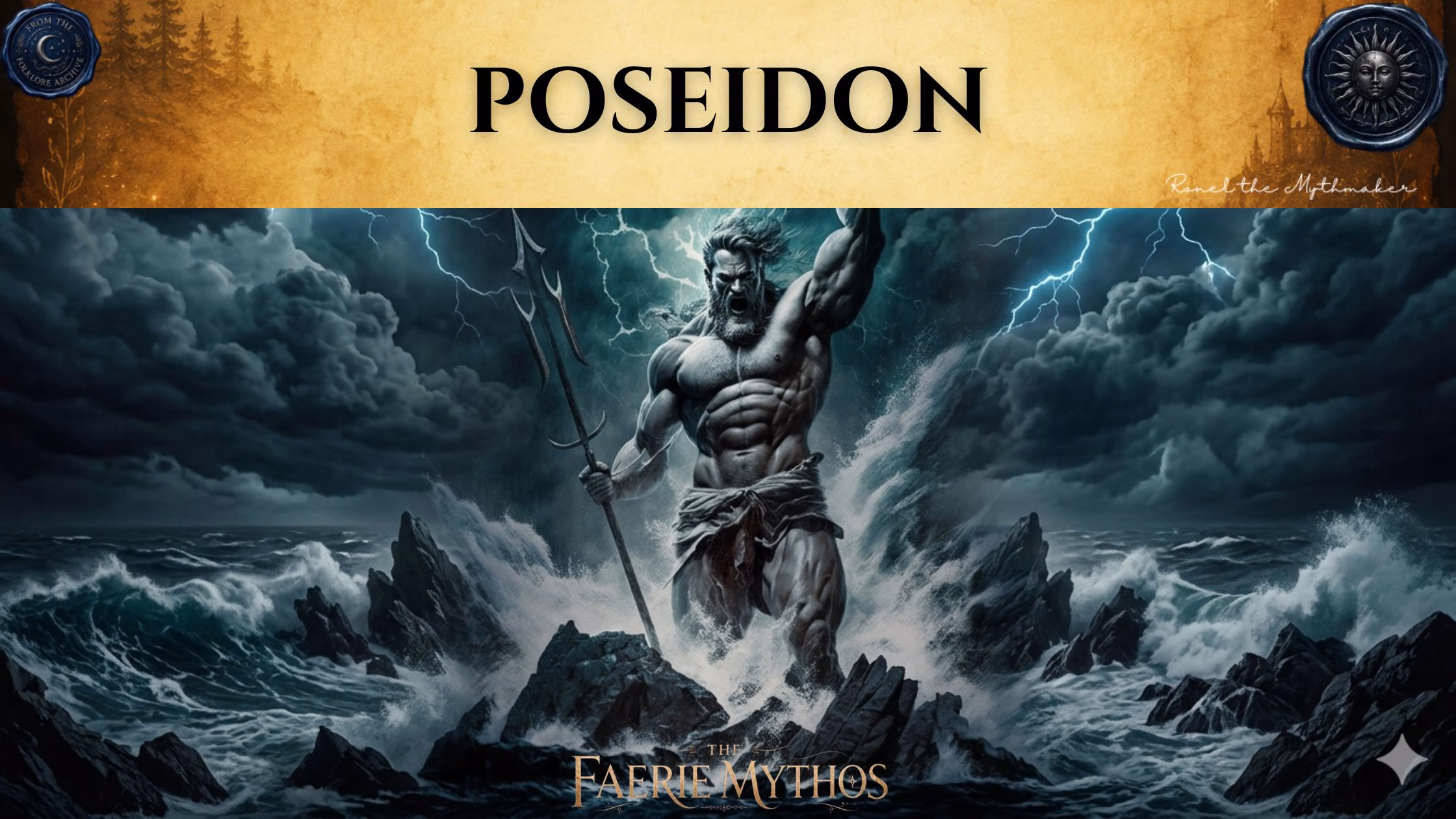 A character card from "The Faerie Mythos" series titled "POSEIDON" by Ronel the Mythmaker. The image features the powerful Greek god Poseidon standing amidst a stormy, tempestuous sea, holding a trident while lightning flashes in the dark, cloudy sky behind him. The top section features a parchment-textured bar with wax seals from "From The Folklore Archive" on the sides, and the text is displayed in black.