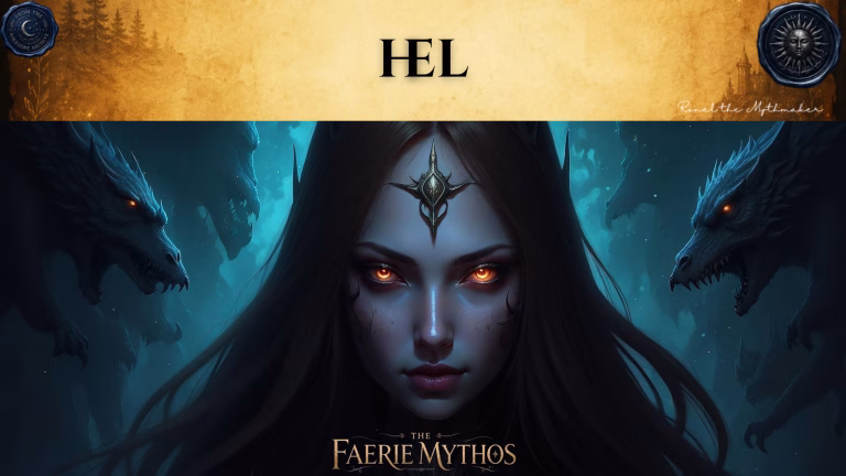 A character card from "The Faerie Mythos" series titled "HEL" by Ronel the Mythmaker. The image features a striking, dark-themed portrait of the Norse goddess Hel, with glowing orange eyes and long dark hair, flanked by ominous, shadowed wolf-like creatures with glowing eyes. The top section features a parchment-textured bar with wax seals from "From The Folklore Archive" on the sides, and the text is displayed in black.