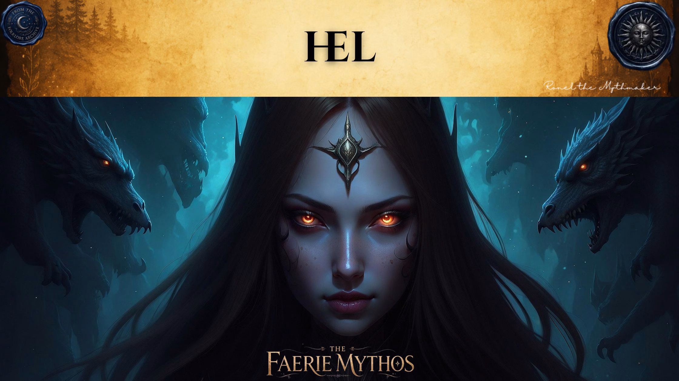 A character card from "The Faerie Mythos" series titled "HEL" by Ronel the Mythmaker. The image features a striking, dark-themed portrait of the Norse goddess Hel, with glowing orange eyes and long dark hair, flanked by ominous, shadowed wolf-like creatures with glowing eyes. The top section features a parchment-textured bar with wax seals from "From The Folklore Archive" on the sides, and the text is displayed in black.