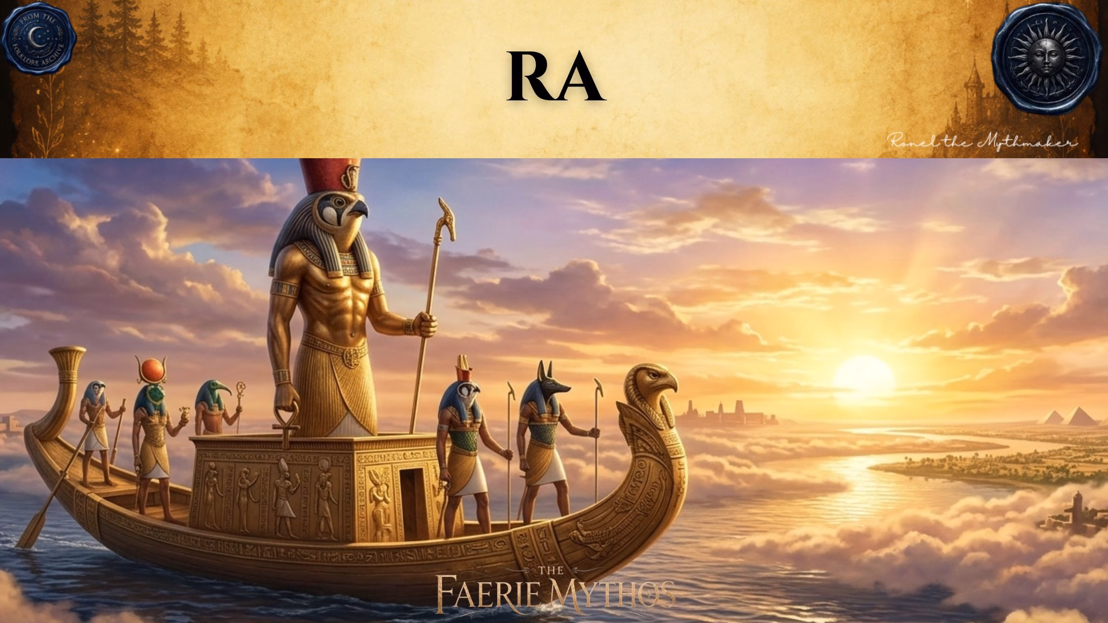 A character card from "The Faerie Mythos" series titled "RA" by Ronel the Mythmaker. The image depicts the Egyptian sun god Ra with the head of a falcon, standing on a golden solar barque alongside other deities, sailing across the sky toward a radiant sunset over a river landscape. The top section features a parchment-textured bar with wax seals from "From The Folklore Archive" on the sides, and the text is displayed in black.